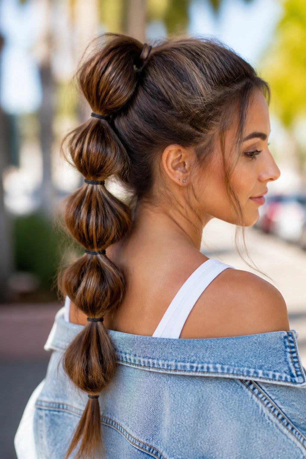 Close-up of a real person with a pull-through braid illusion in a sunlit outdoor setting