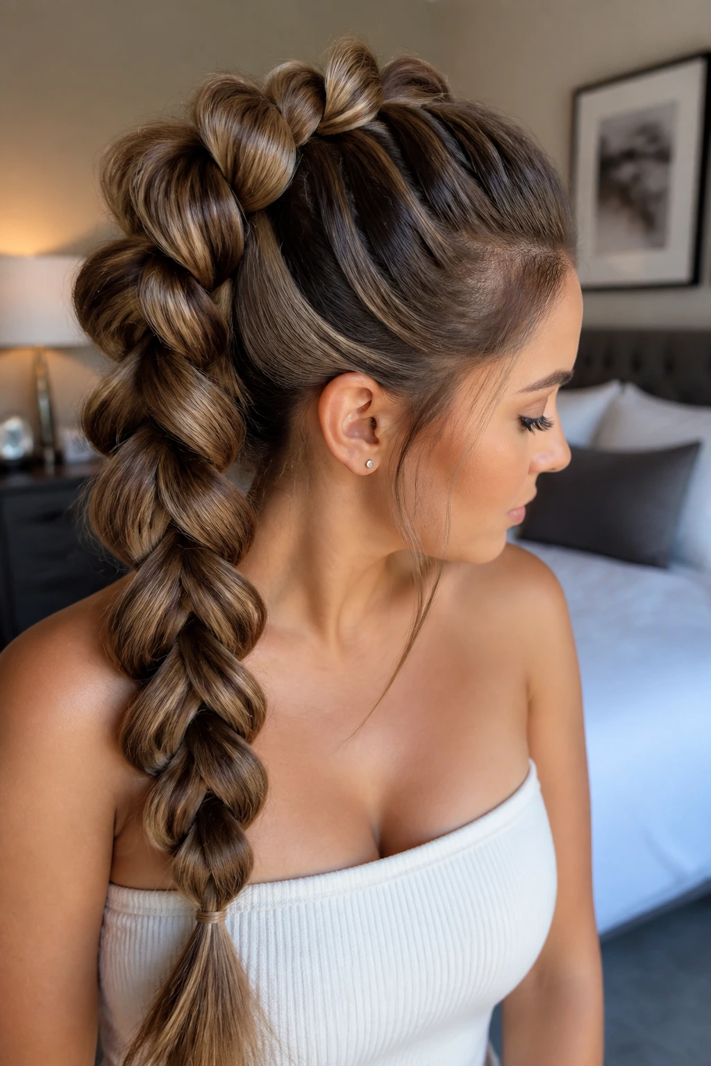Close-up of a woman showing a pull-through braid along a high ponytail