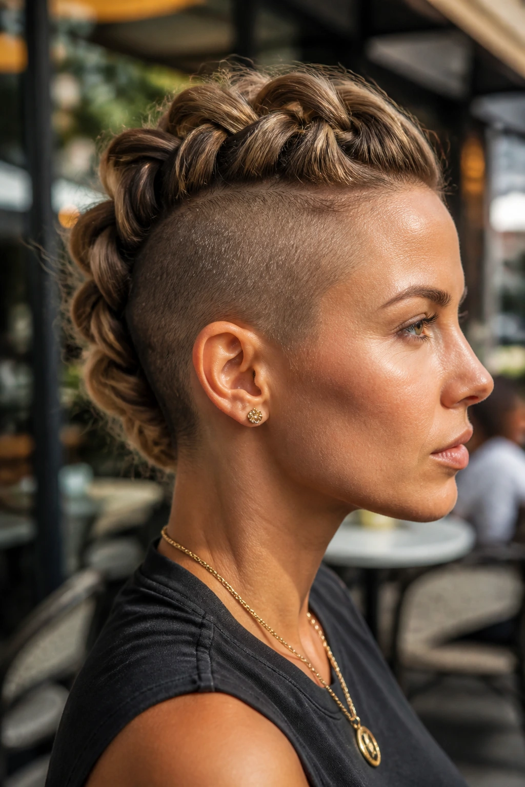 Close-up of a real person with a pull-through braid and shaved sides
