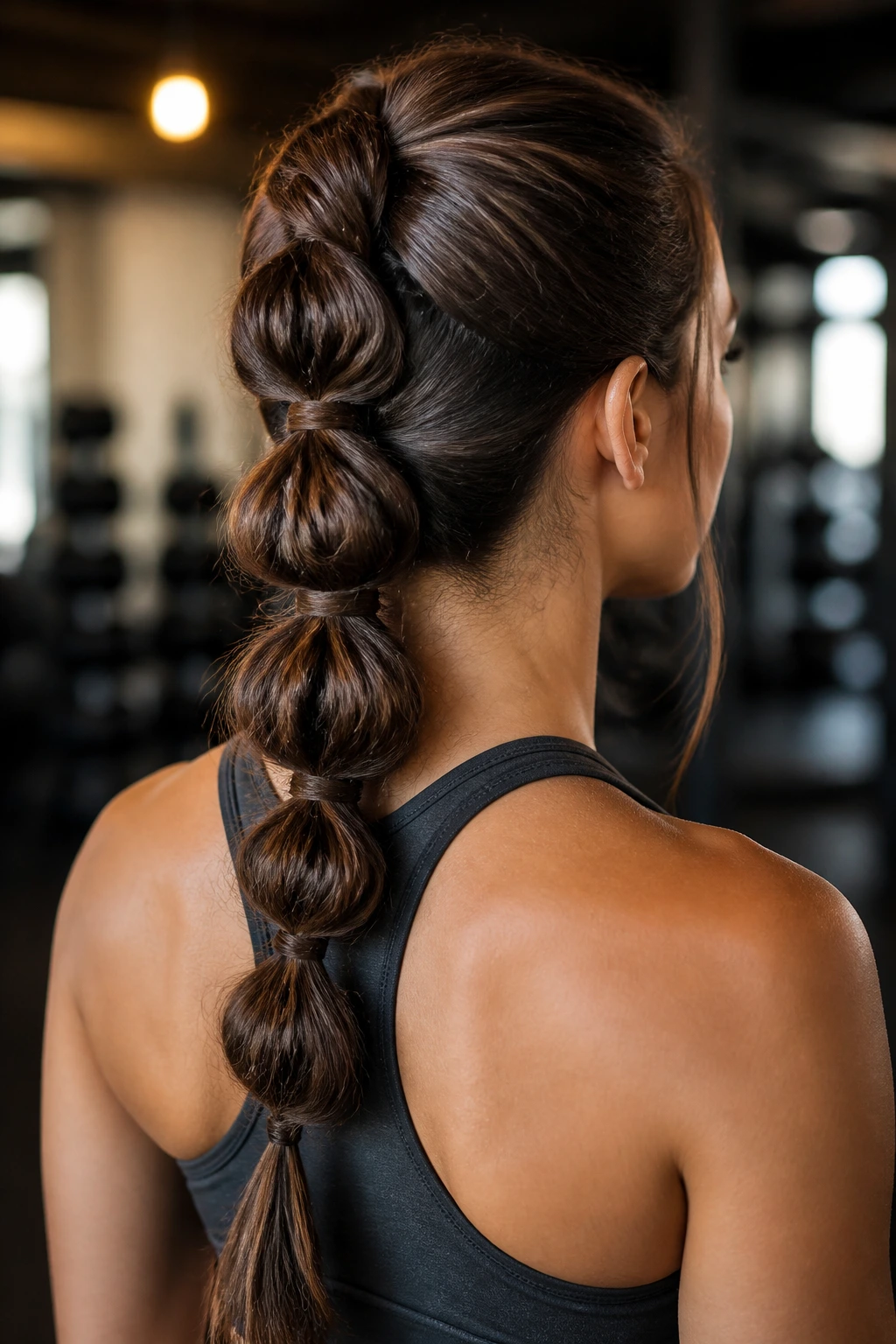 Back view of pull-through braid on a real athlete in gym