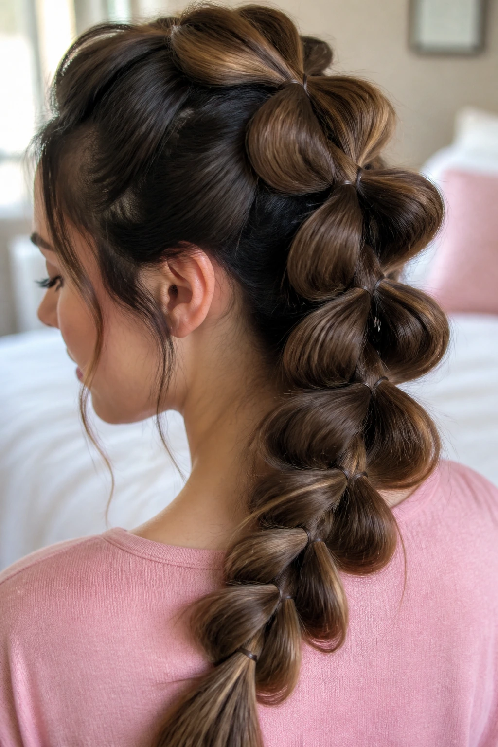 Close-up of a woman with a pull-through braid in a bright bedroom