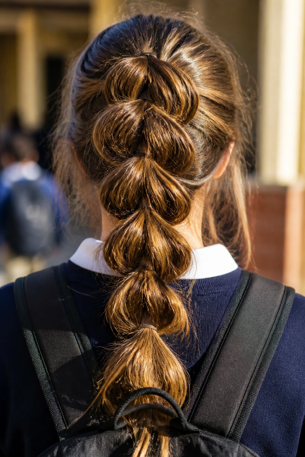 Back view of student with undone pull-through braid hairstyle