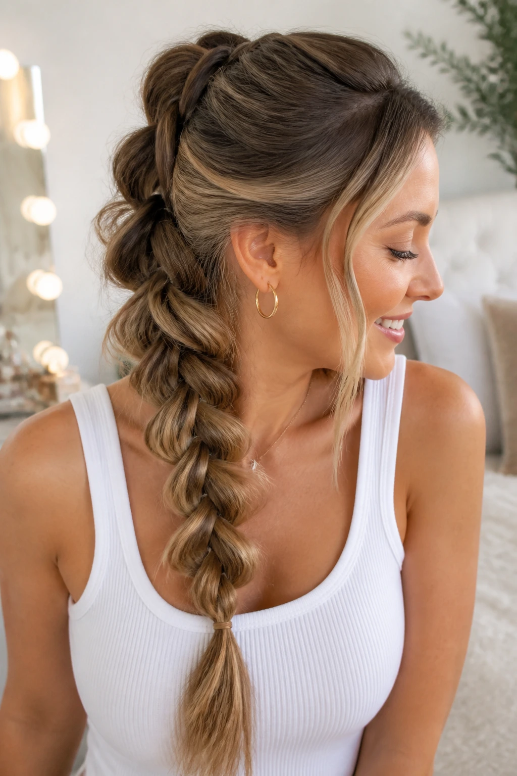 Portrait of a real woman with a pull-through braided look in soft light