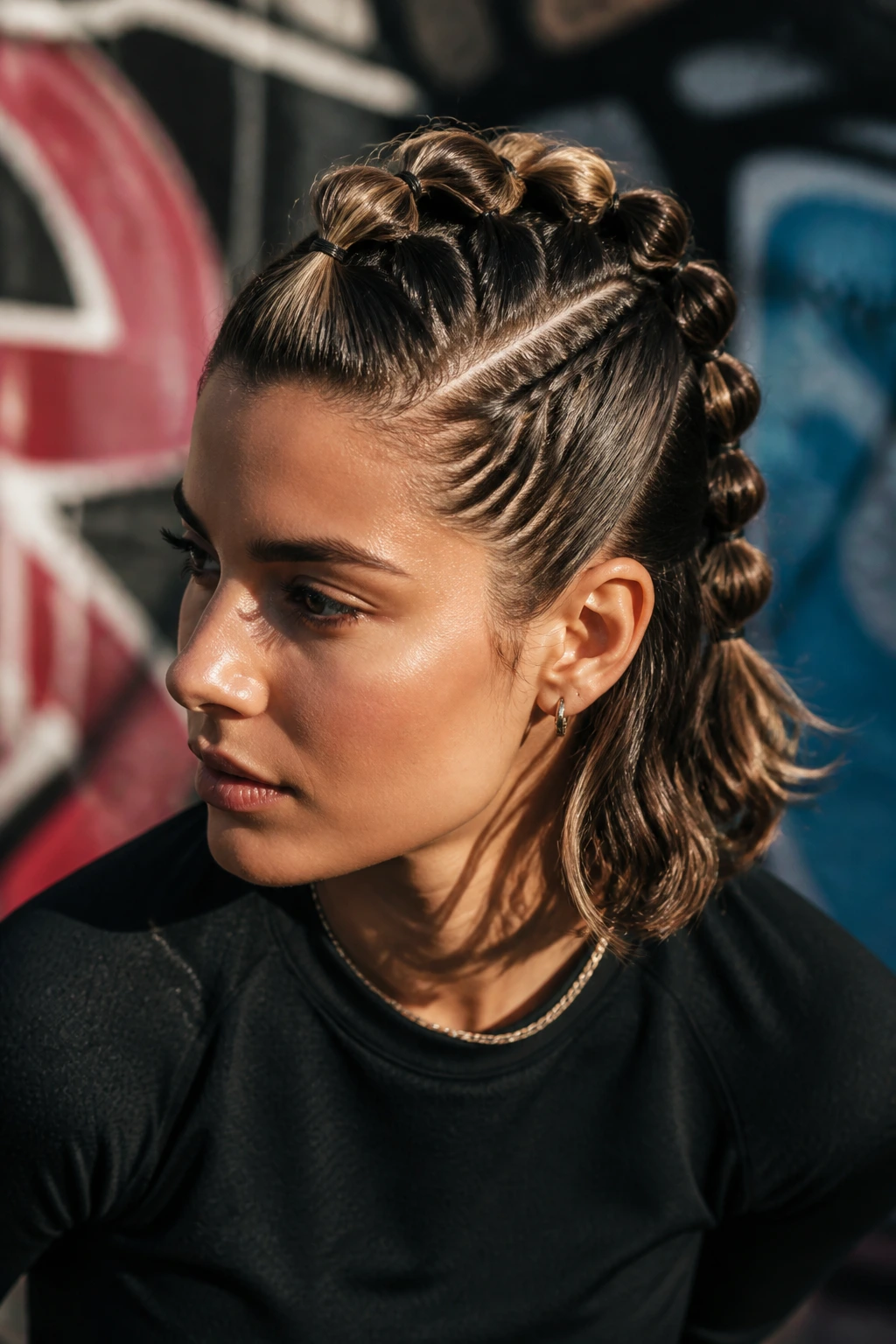Edgy pull-through braided faux-hawk on a real person in an urban setting