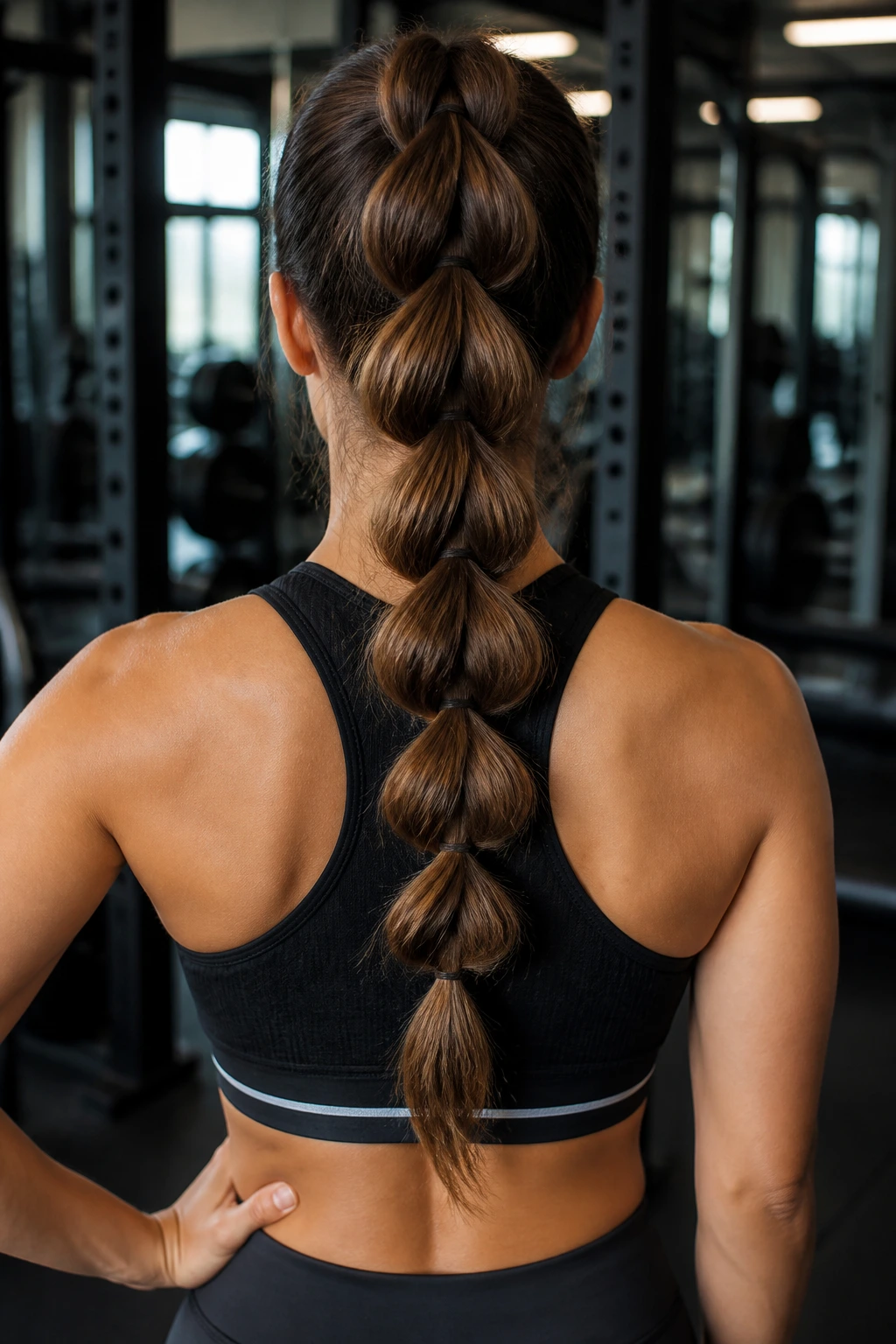 Back view of a real woman with a pull-through braided ponytail in workout