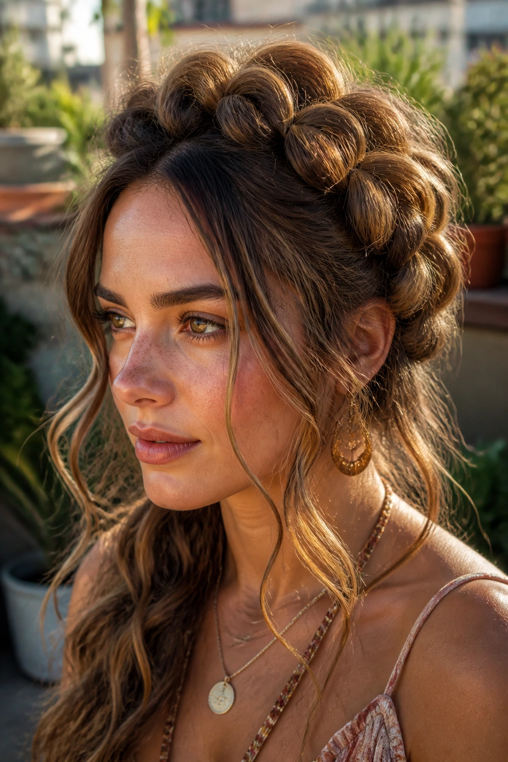 Portrait of real woman with messy pull-through bubble braid