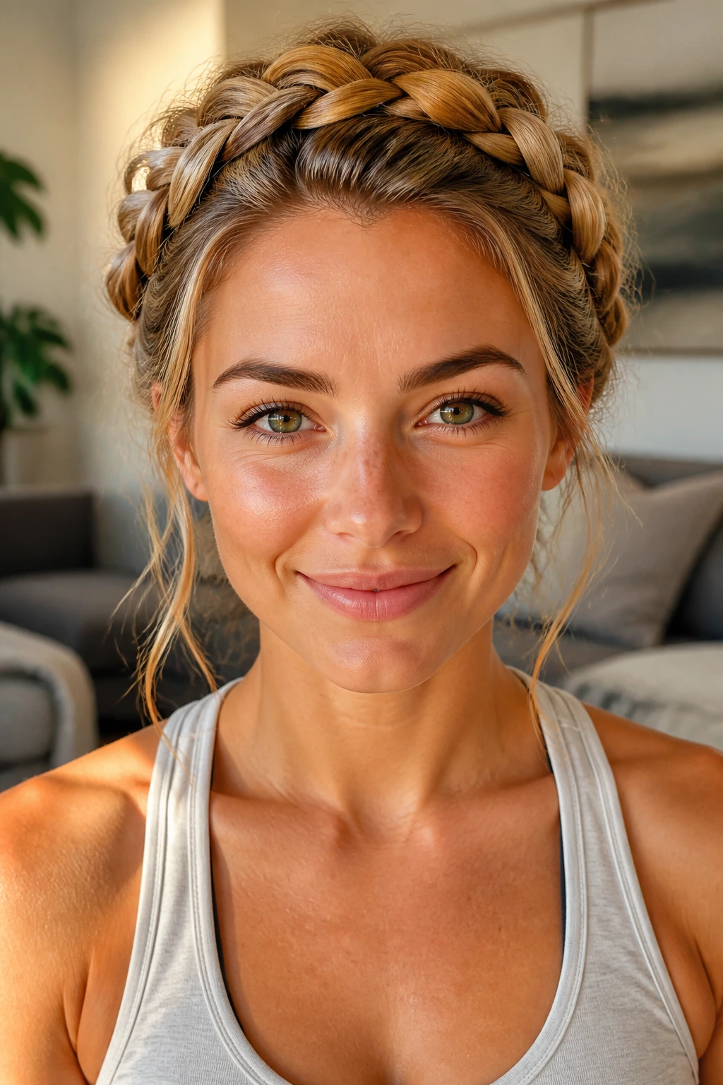 Front close-up of a real woman with a pulled-through crown braid