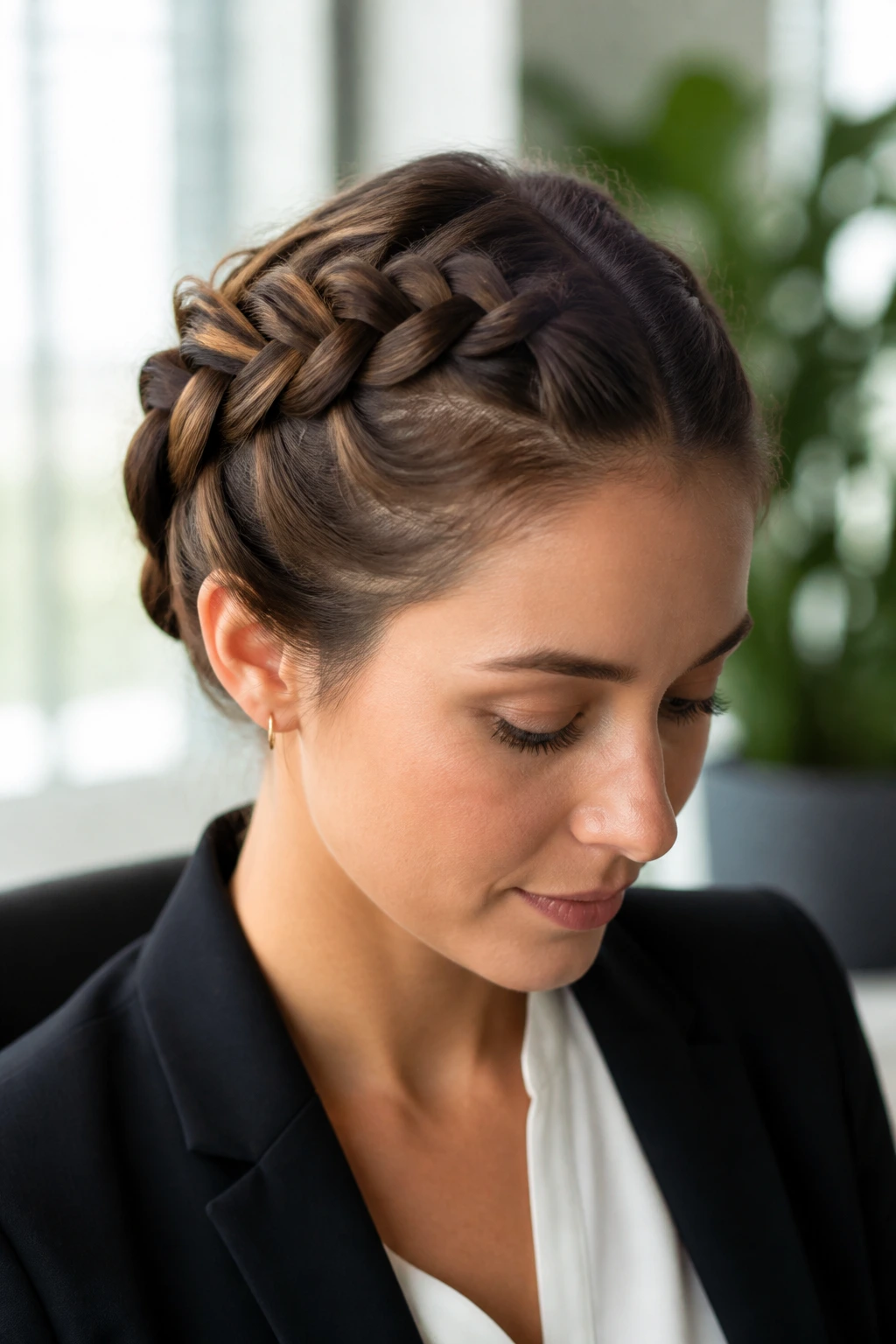 Portrait of a woman with pull-through crown braid in an office