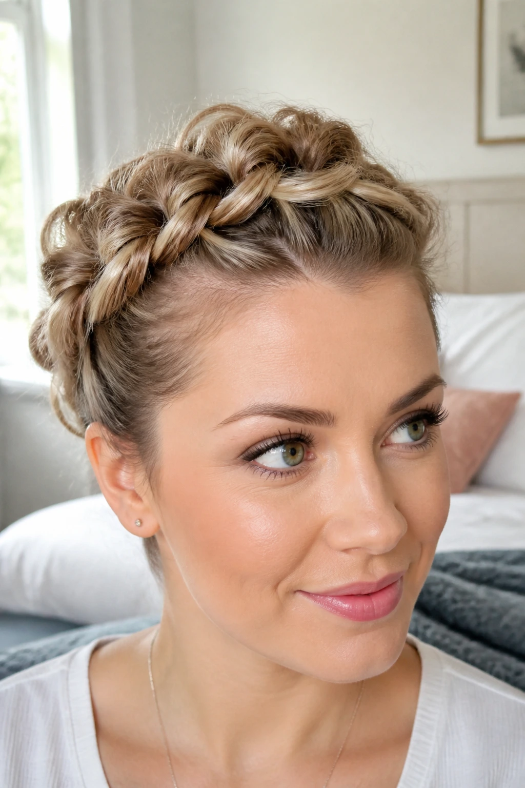 Close-up of a real person with a pull-through crown made of looping ponytails.