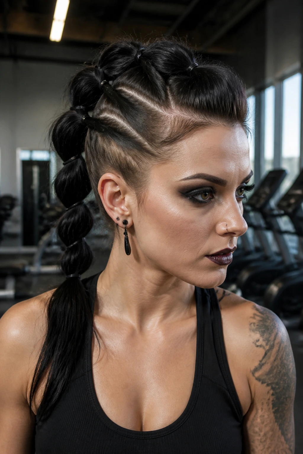 Close-up of pull-through mohawk hairstyle on a real person in gym