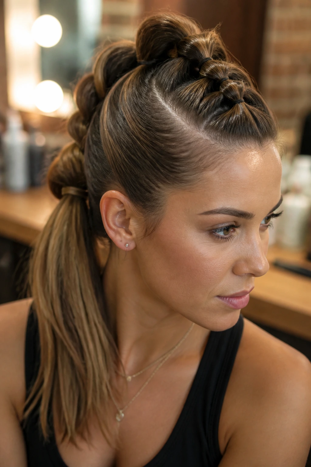 Real person with pull-through mohawk braid and elastic loops
