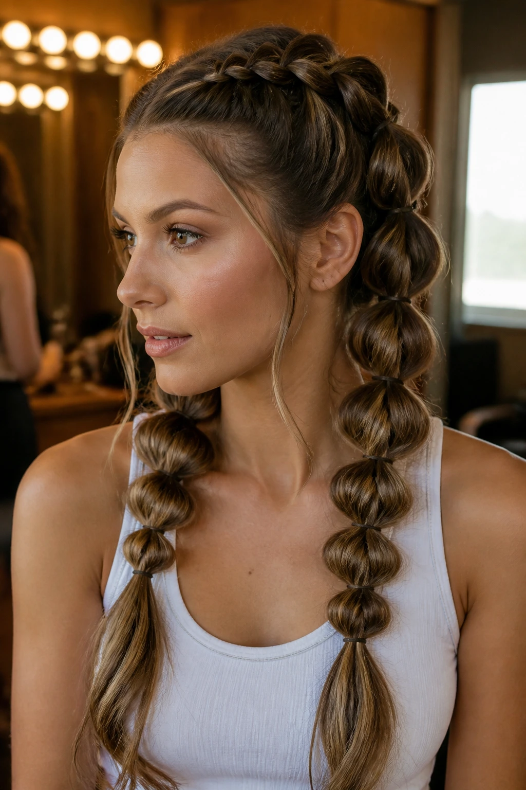 Side-profile close-up of a real woman with pull-through pigtail braids in a backstage setting