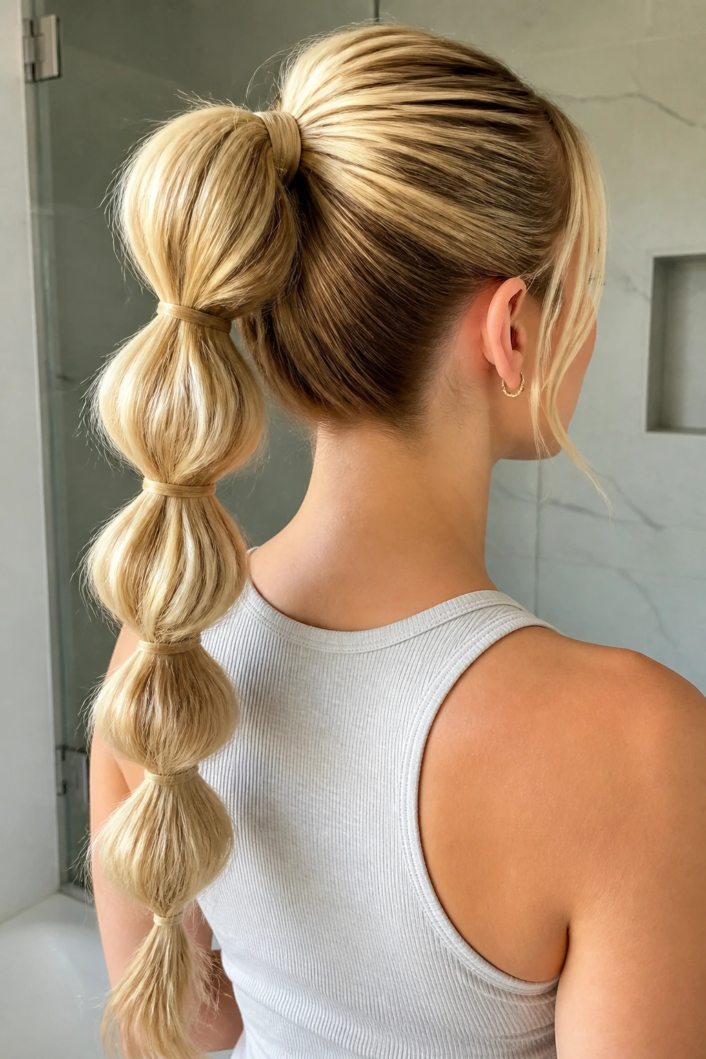 Rear view of blonde with high pull-through ponytail showing segments