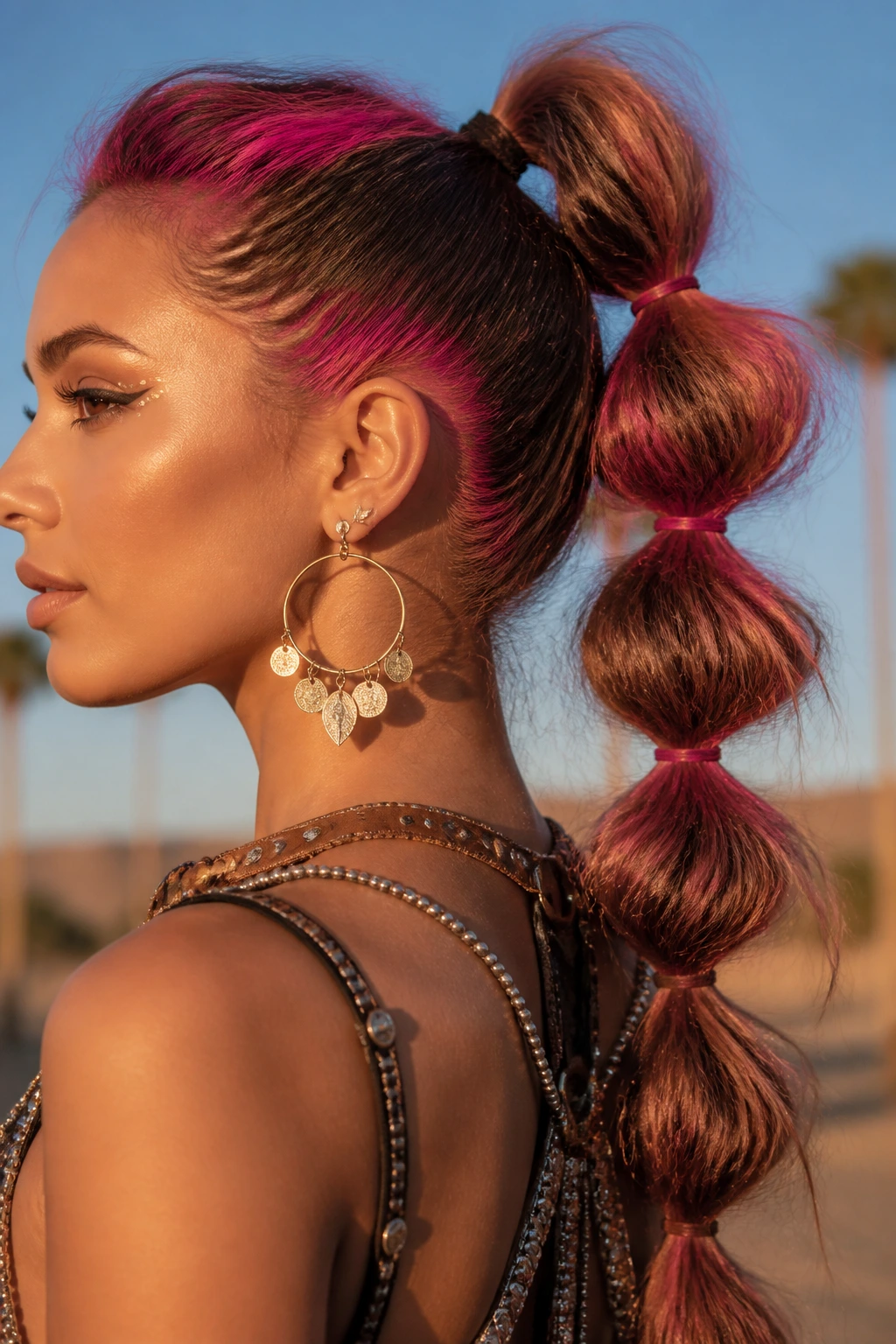 Close-up of a real person with a pull-through ponytail and colorful hair shadow