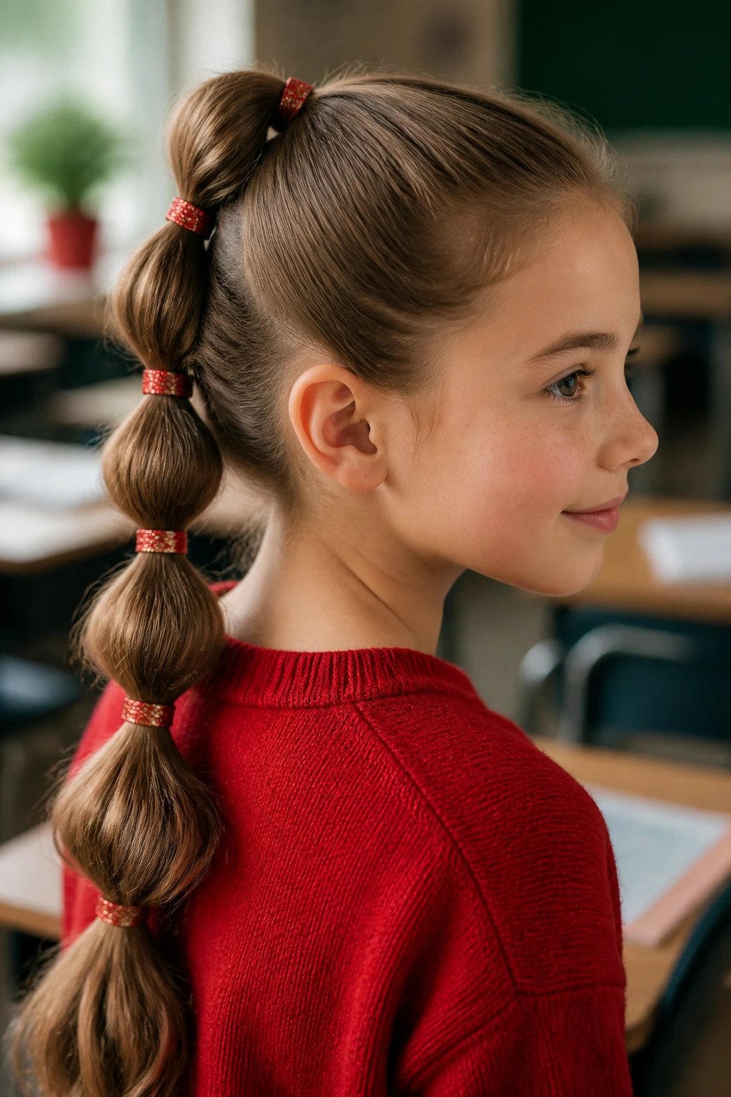 Close-up of pull-through ponytail with sparkle elastics on a real student