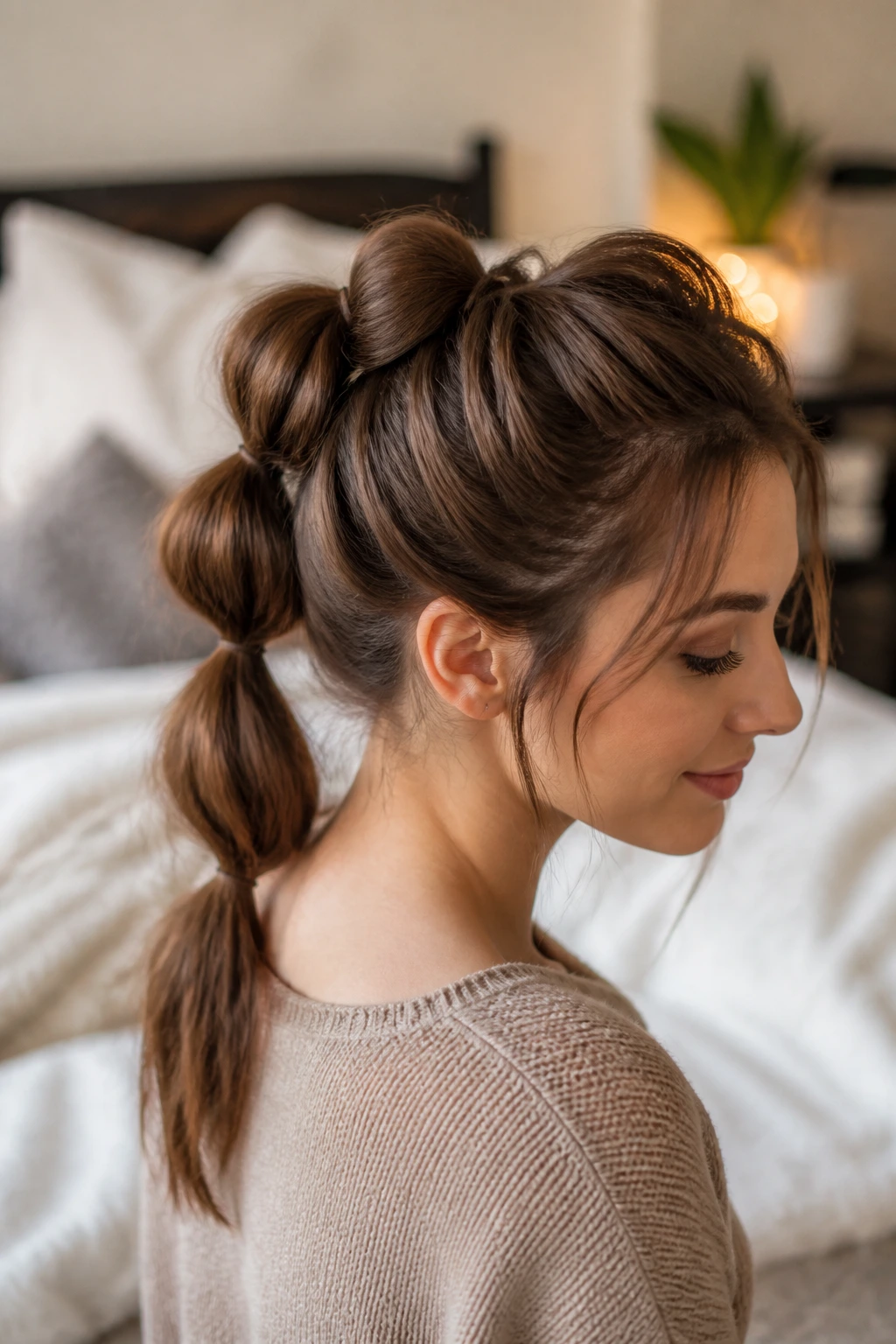 Close-up of a real woman with The Pull-Through Faux Braid showing stacked crown loops.