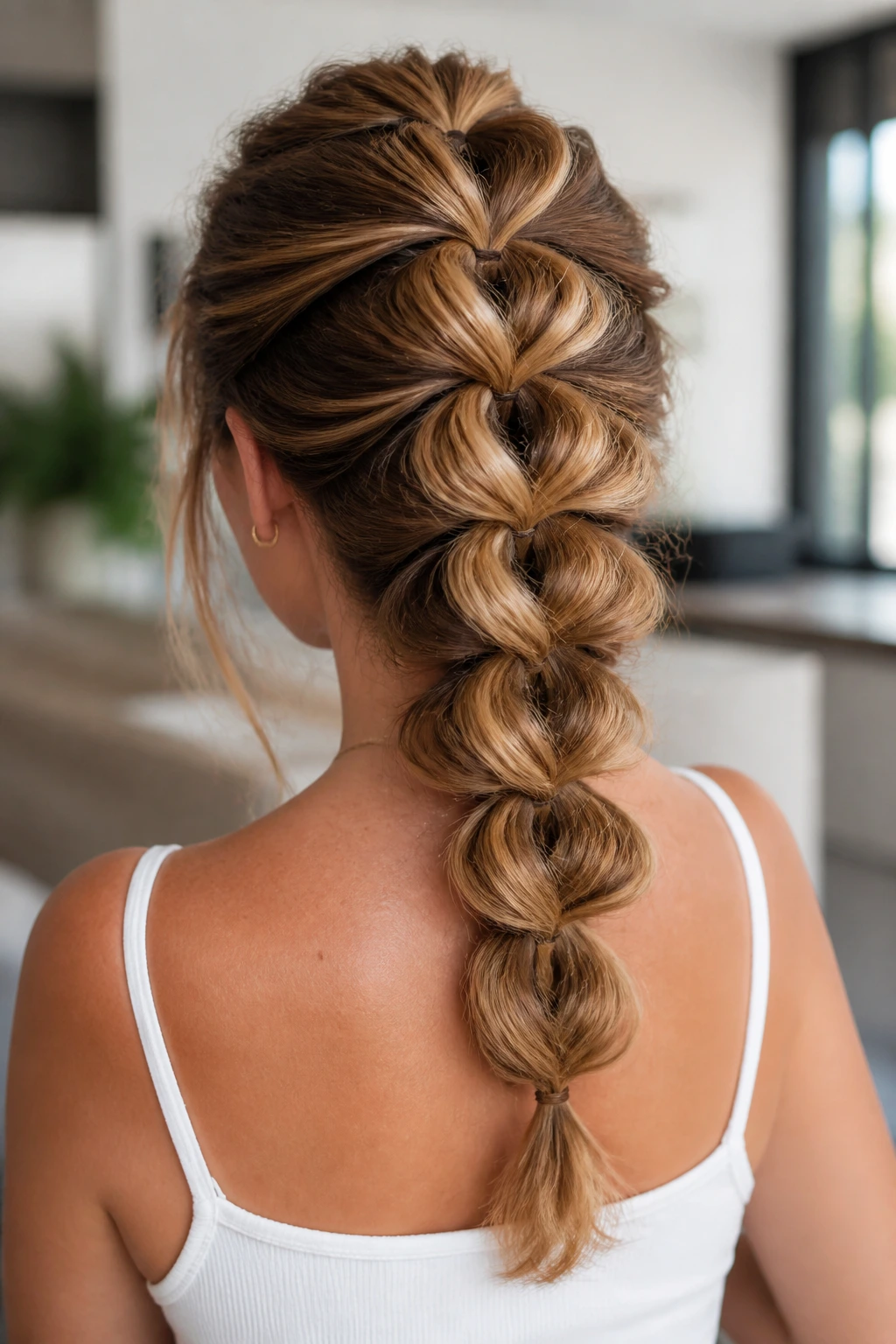Close-up of a real woman with a pull-through braid showing volume