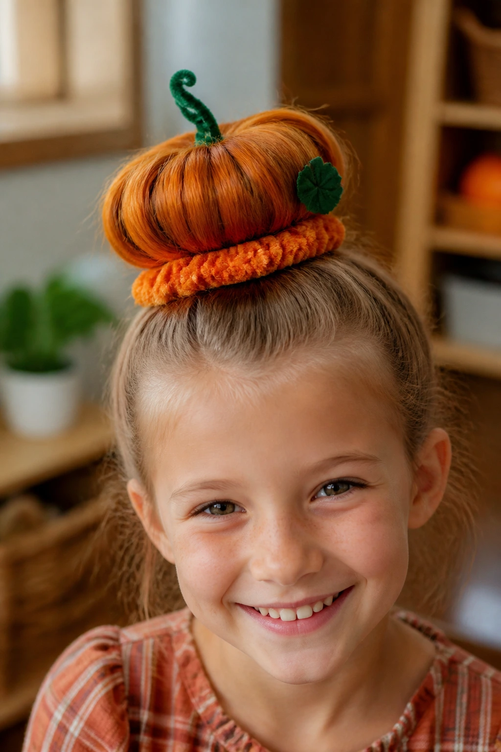 Close-up of a child with a pumpkin-shaped high bun