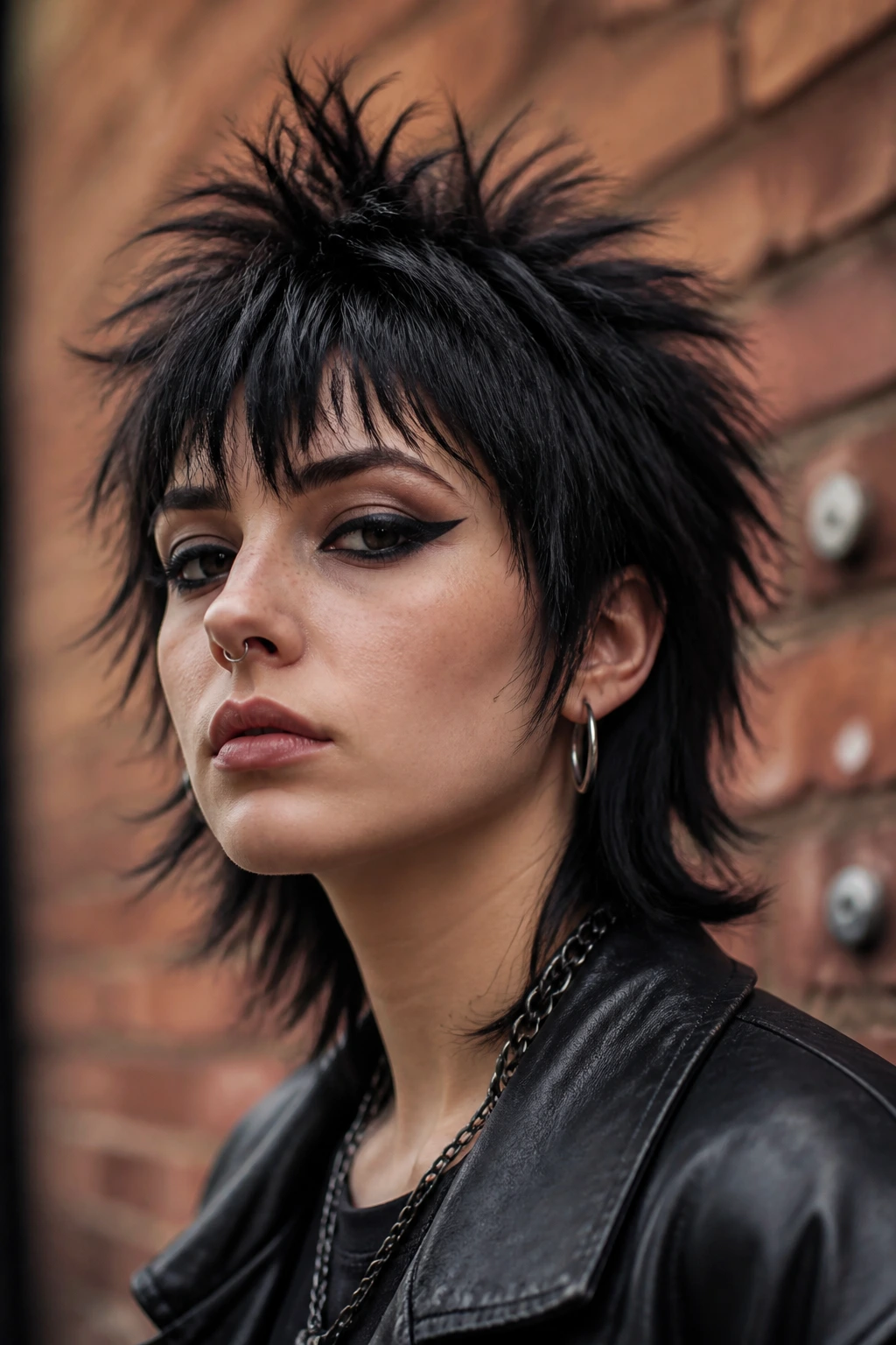 Close-up portrait of a person with a punk-inspired shag hairstyle in an urban setting