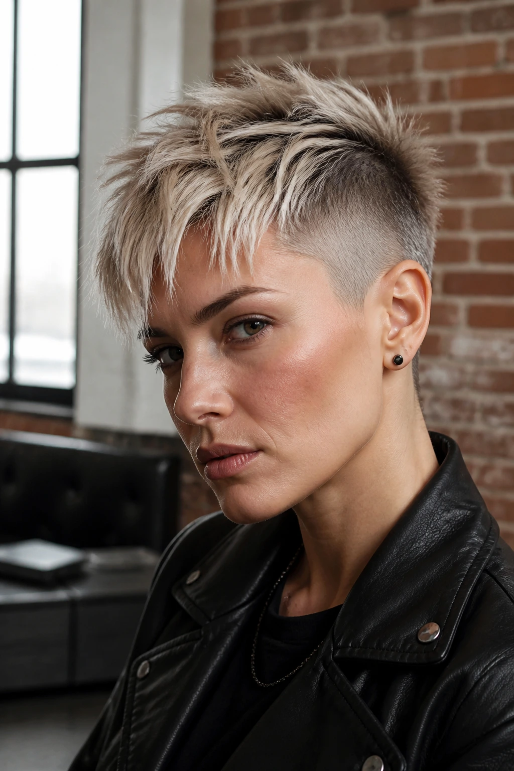 Close-up portrait of a real person with a punk-rock textured crop and platinum highlights.