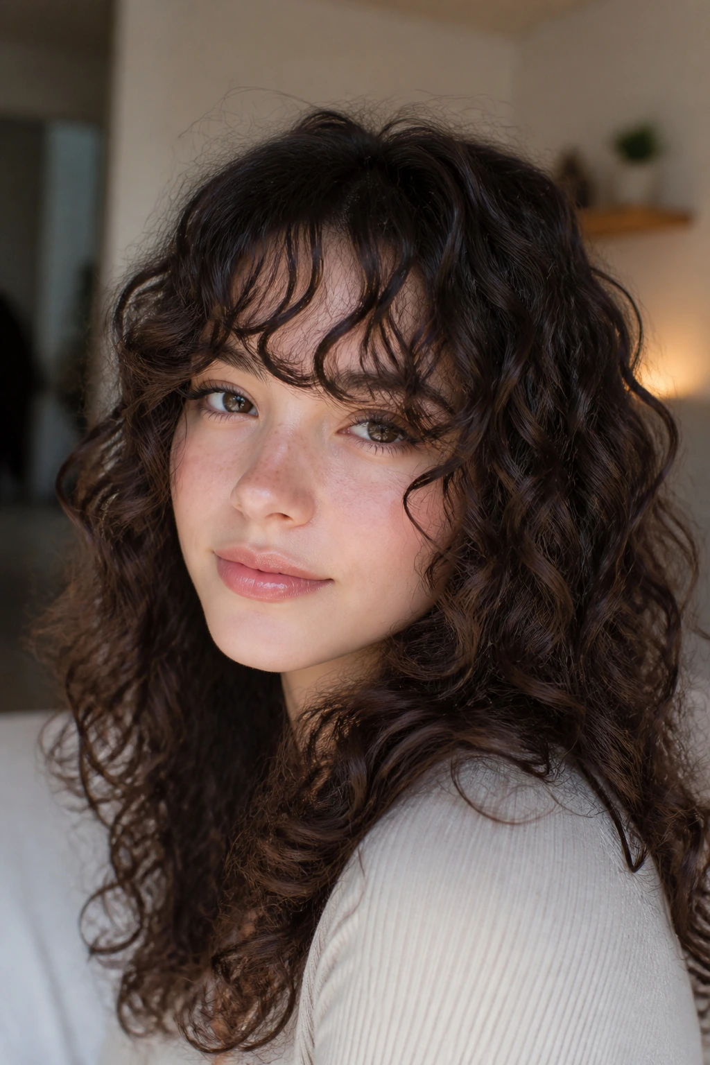 Close-up of puppy bangs with curl clumps on a real person