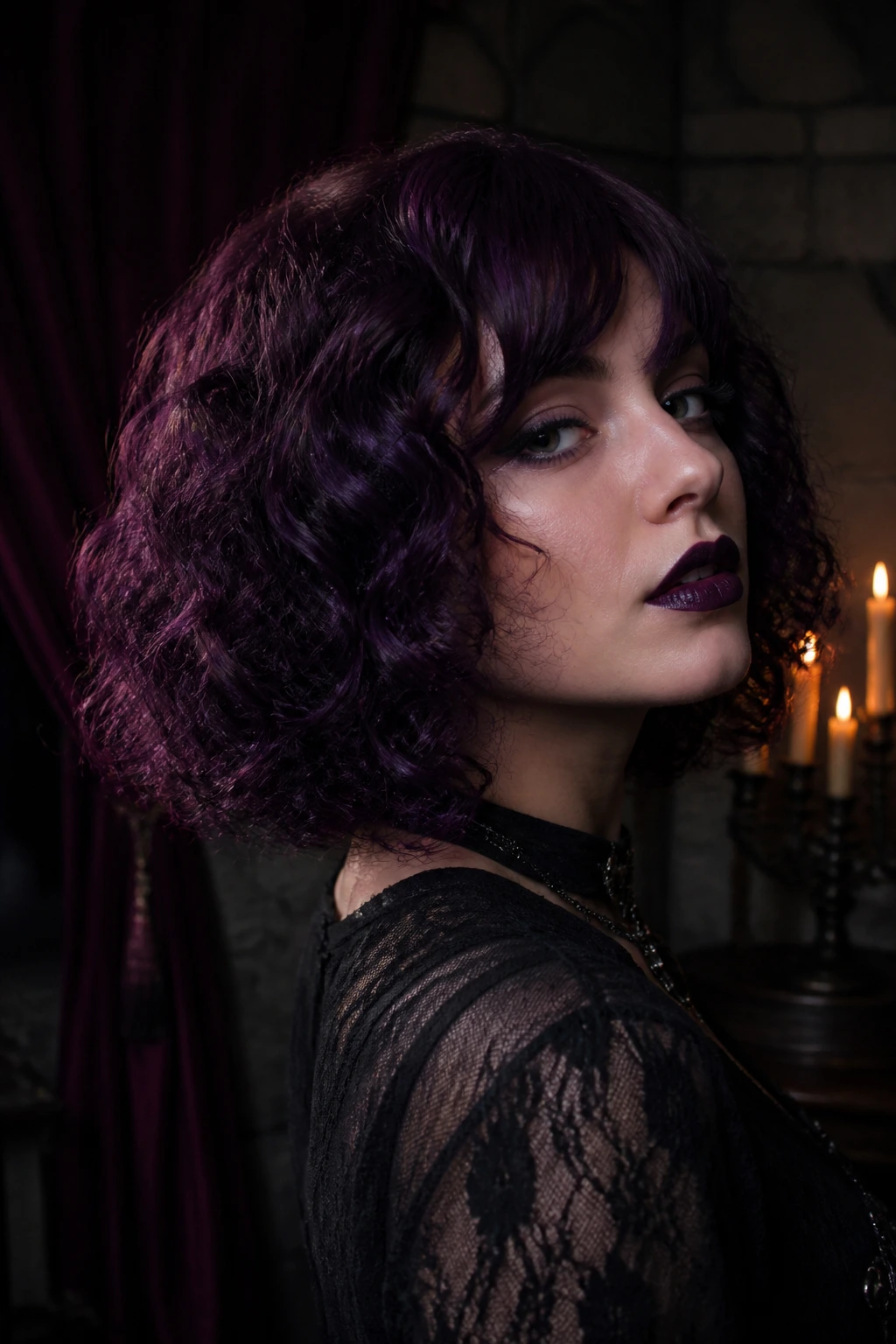 Close-up of a woman with a deep plum-purple curly bob in a moody candlelit Gothic setting.