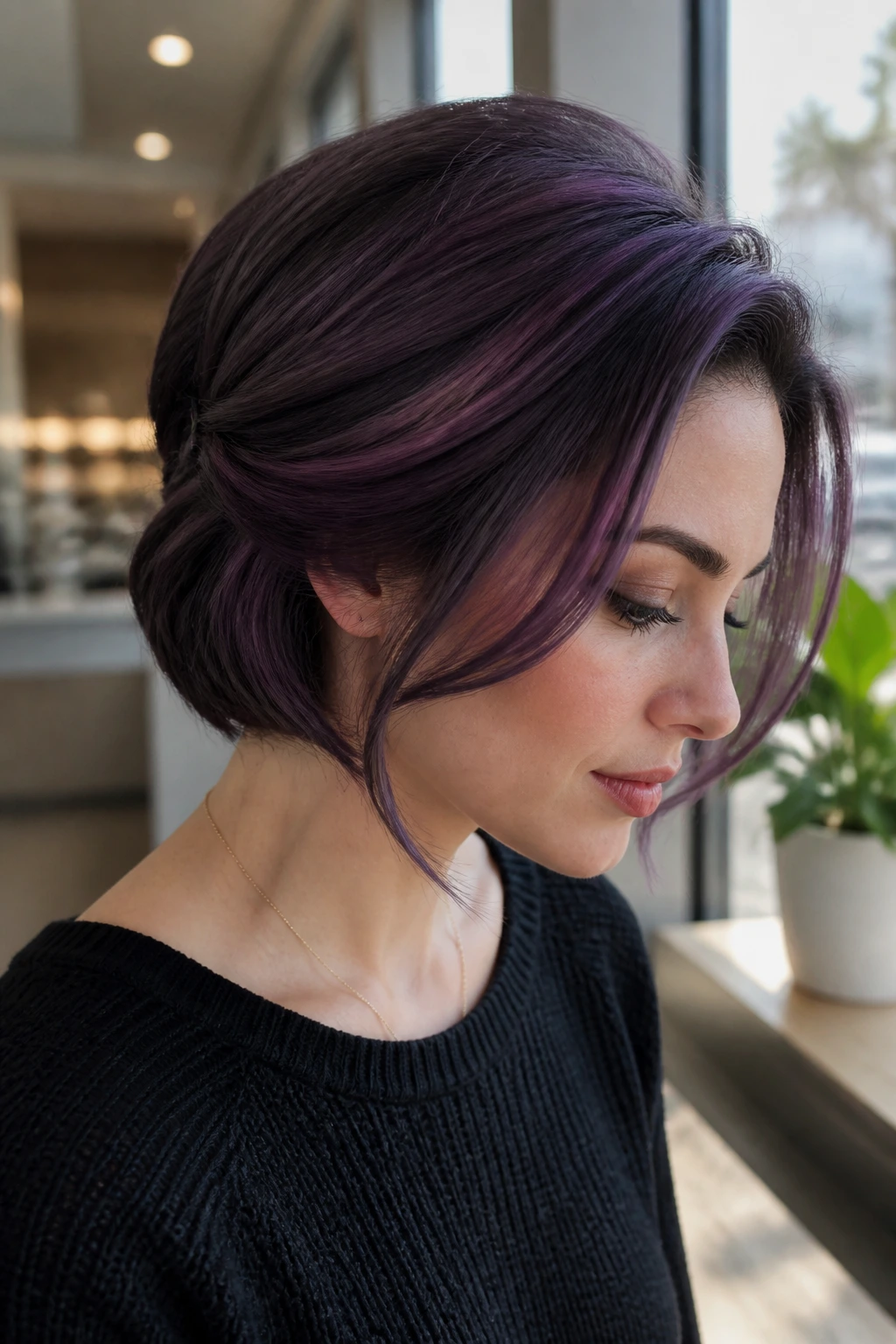Close-up portrait of a real person with purple lob tucked under at the nape.
