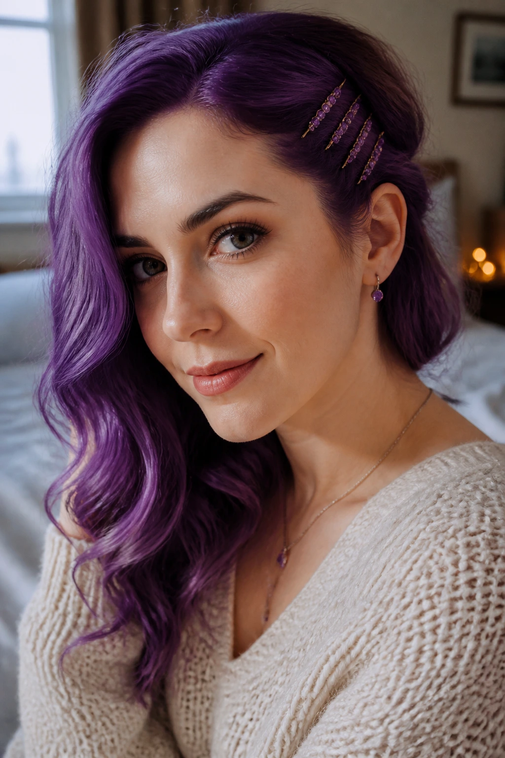 Close-up of a real woman with textured purple hair in a side-pinned wave behind the ear.