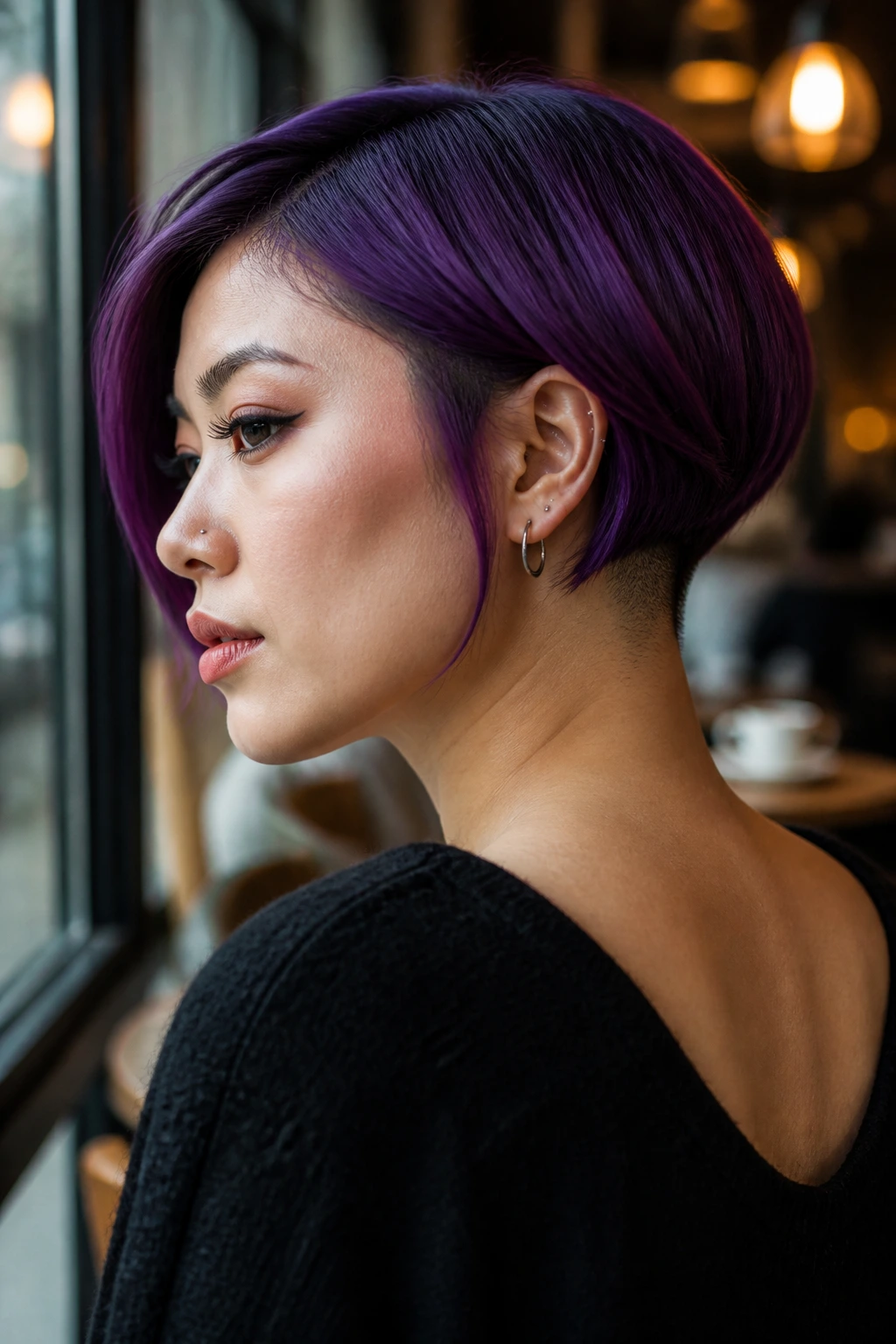 Close-up of a real woman with a deep purple shaved bob in warm cafe light
