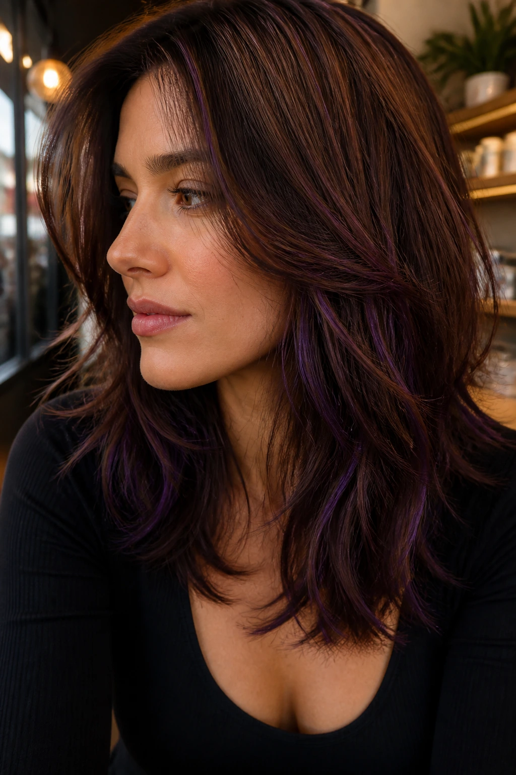 Close-up of purple tinsel peeking through chocolate brown layered hair