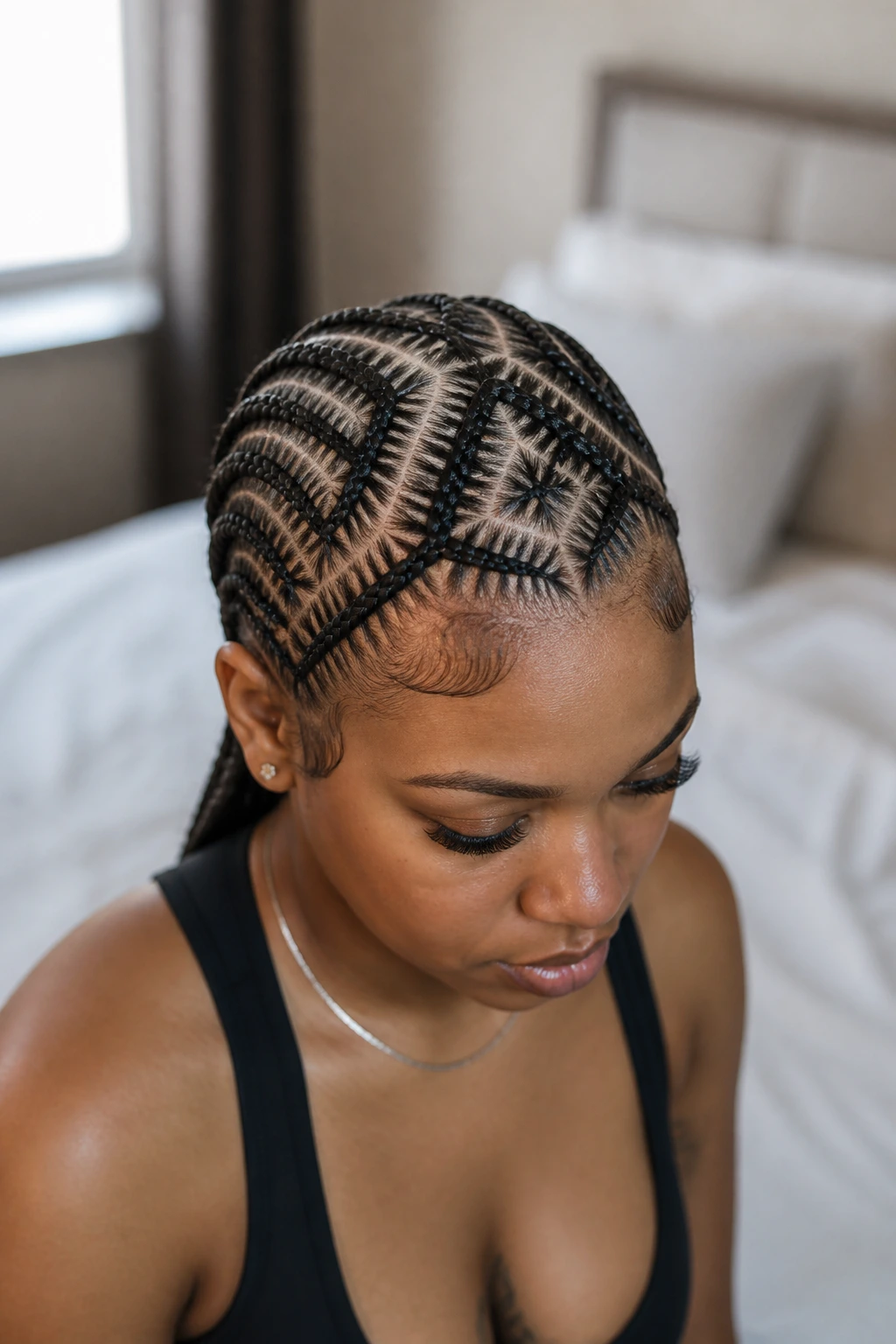 Close-up of a real woman with Python Skin Scalp Braid forming a diamond pattern on the scalp.