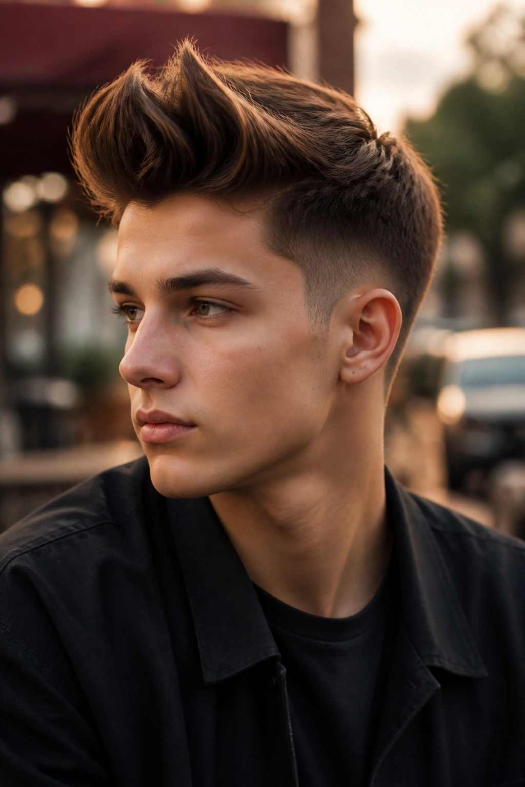 Three-quarter portrait of teen with voluminous quiff in golden hour light