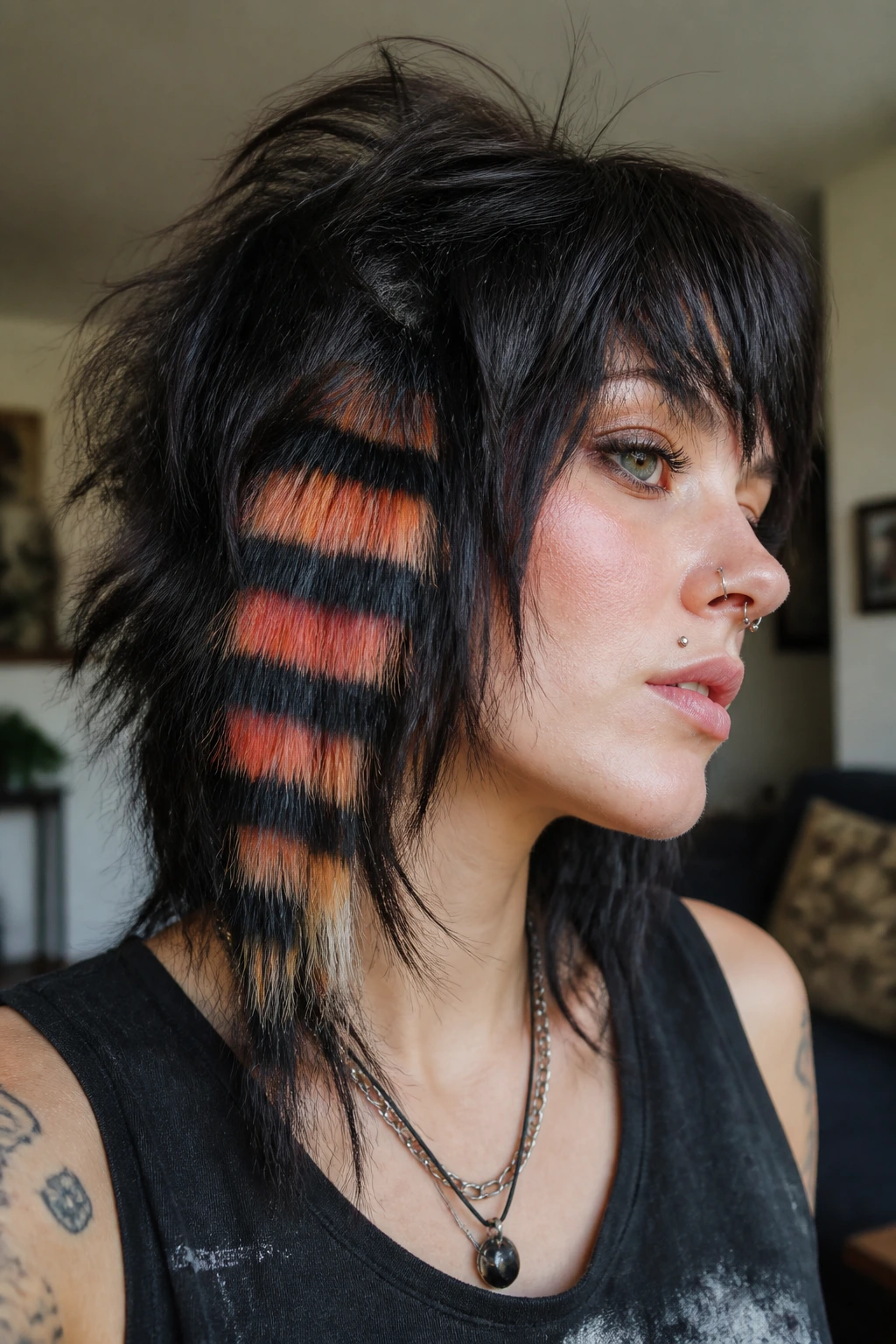 Real woman with raccoon tail clip-ins on messy shag