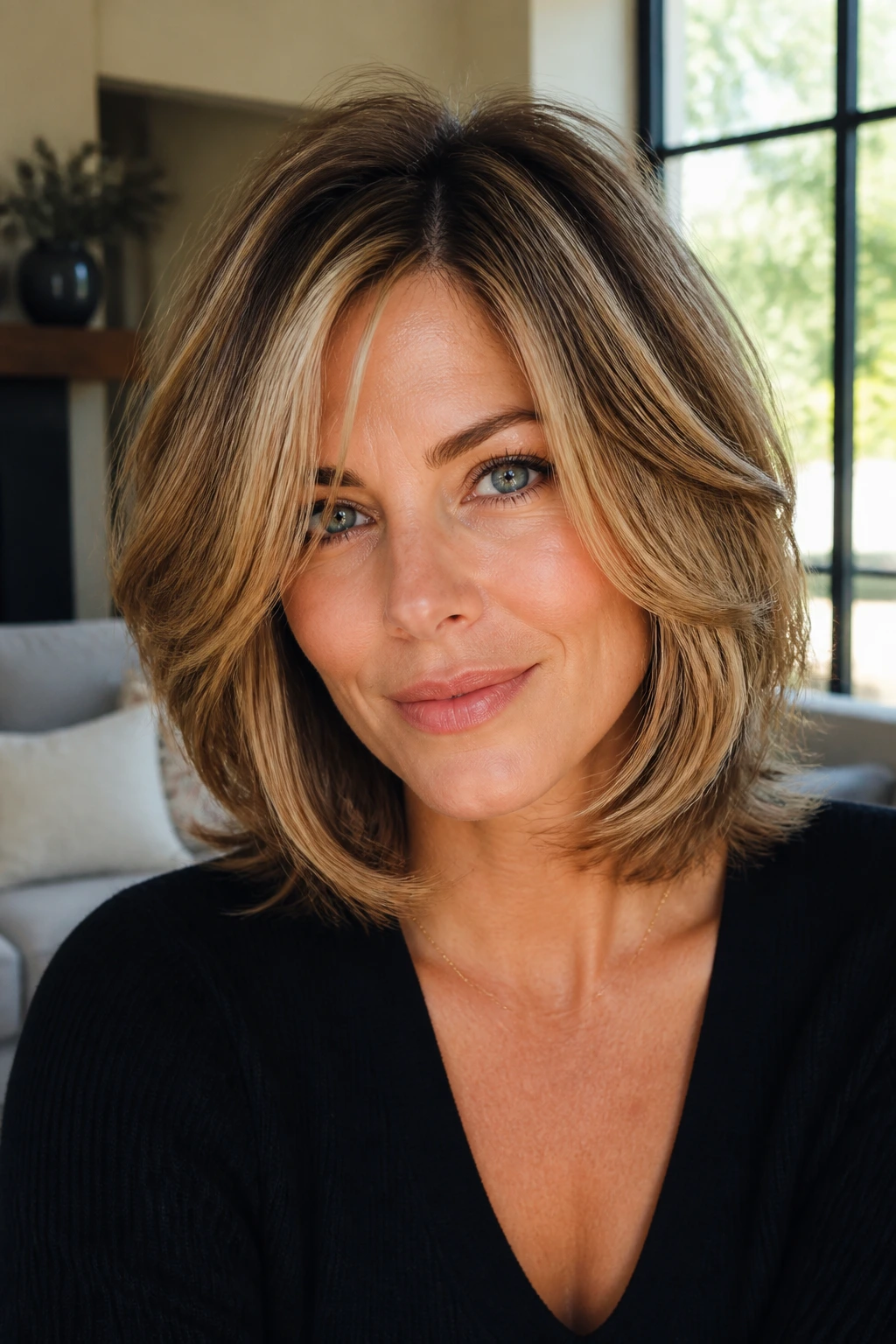 Real woman with layered Rachel-inspired cut showing chin-length layers and flips for volume.