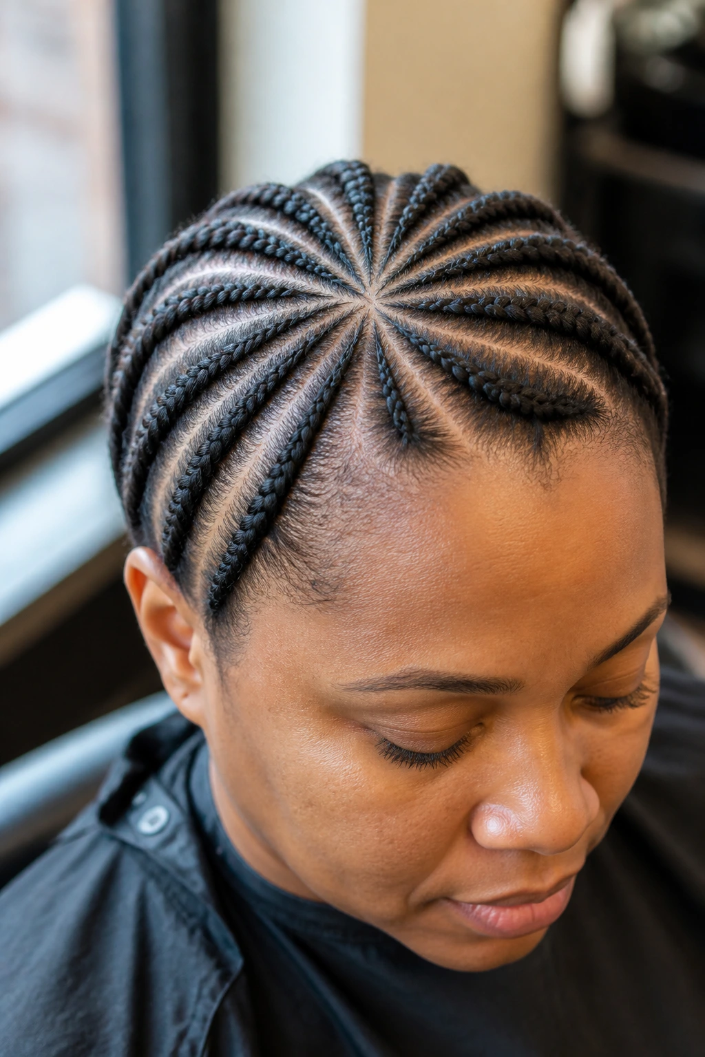 Close-up of a real woman showing radial cornrow base radiating from crown