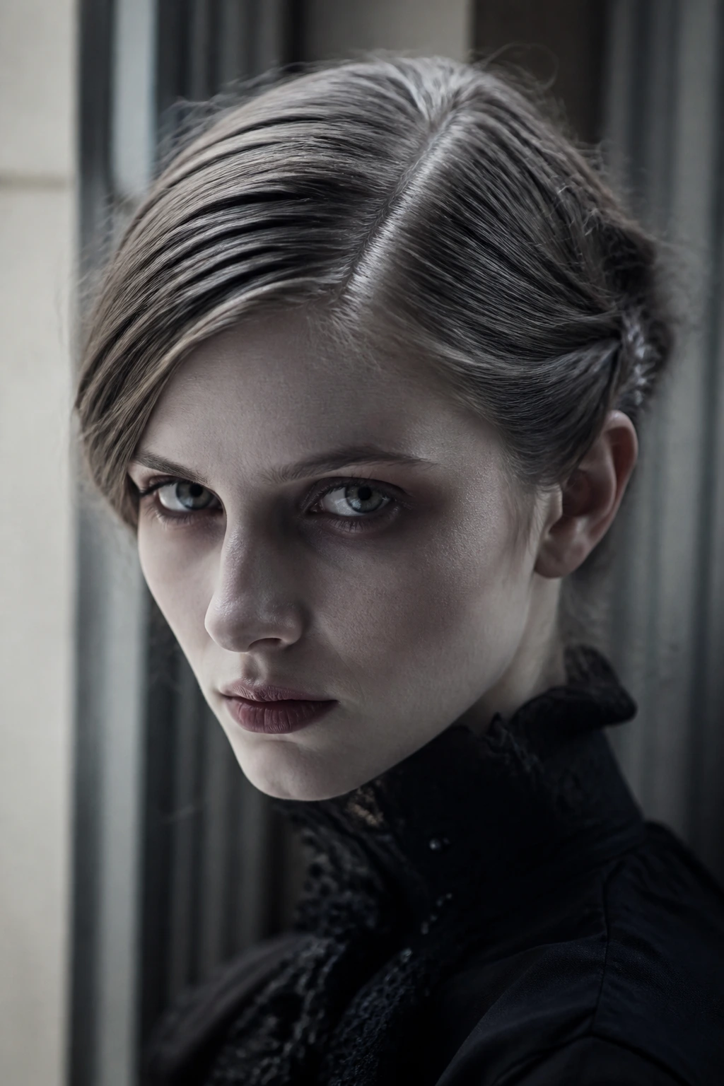 Close-up of a real woman with a ragged, frozen side-part and porcelain matte top.