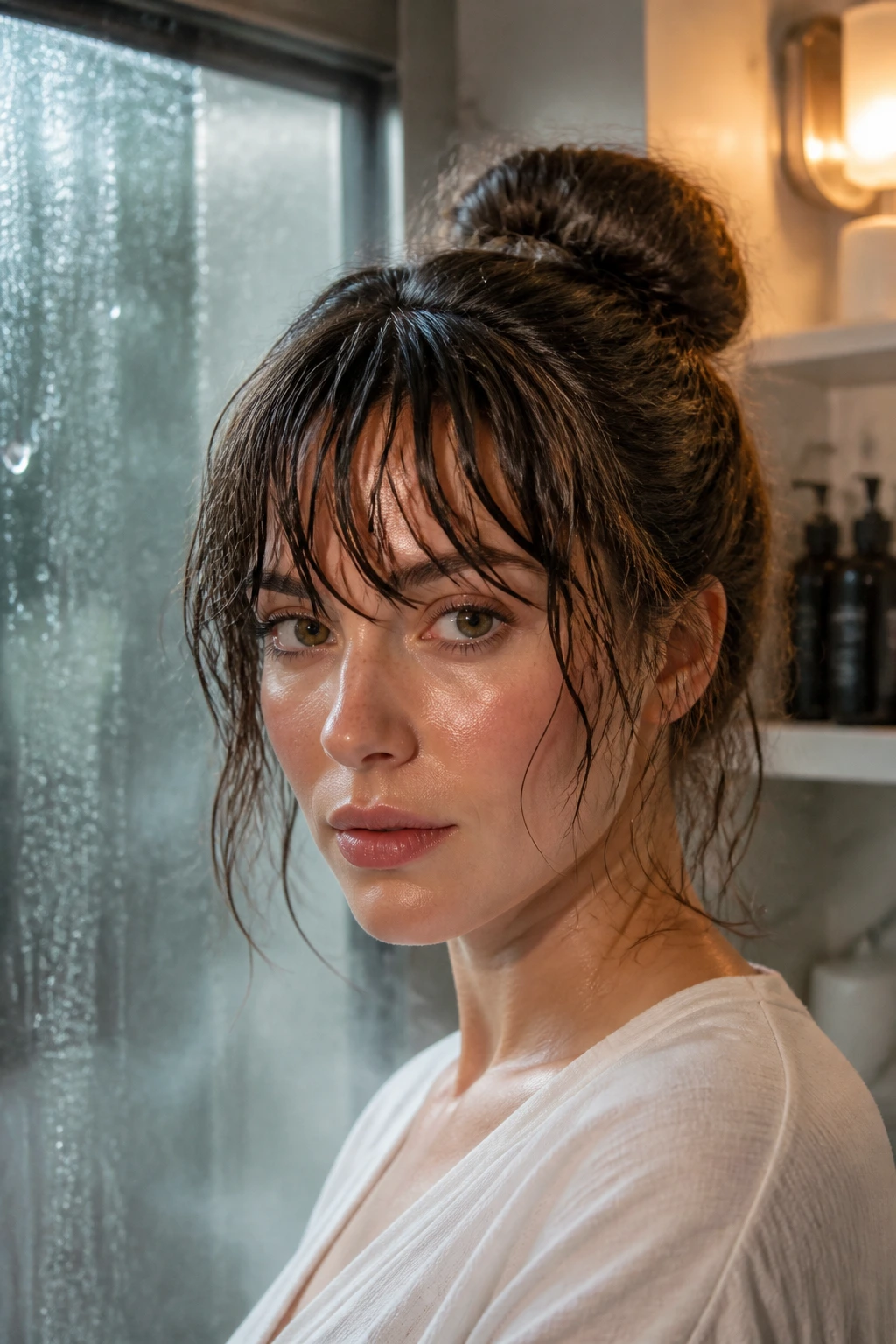 Close-up of a real woman with damp bangs in a humid bathroom setting
