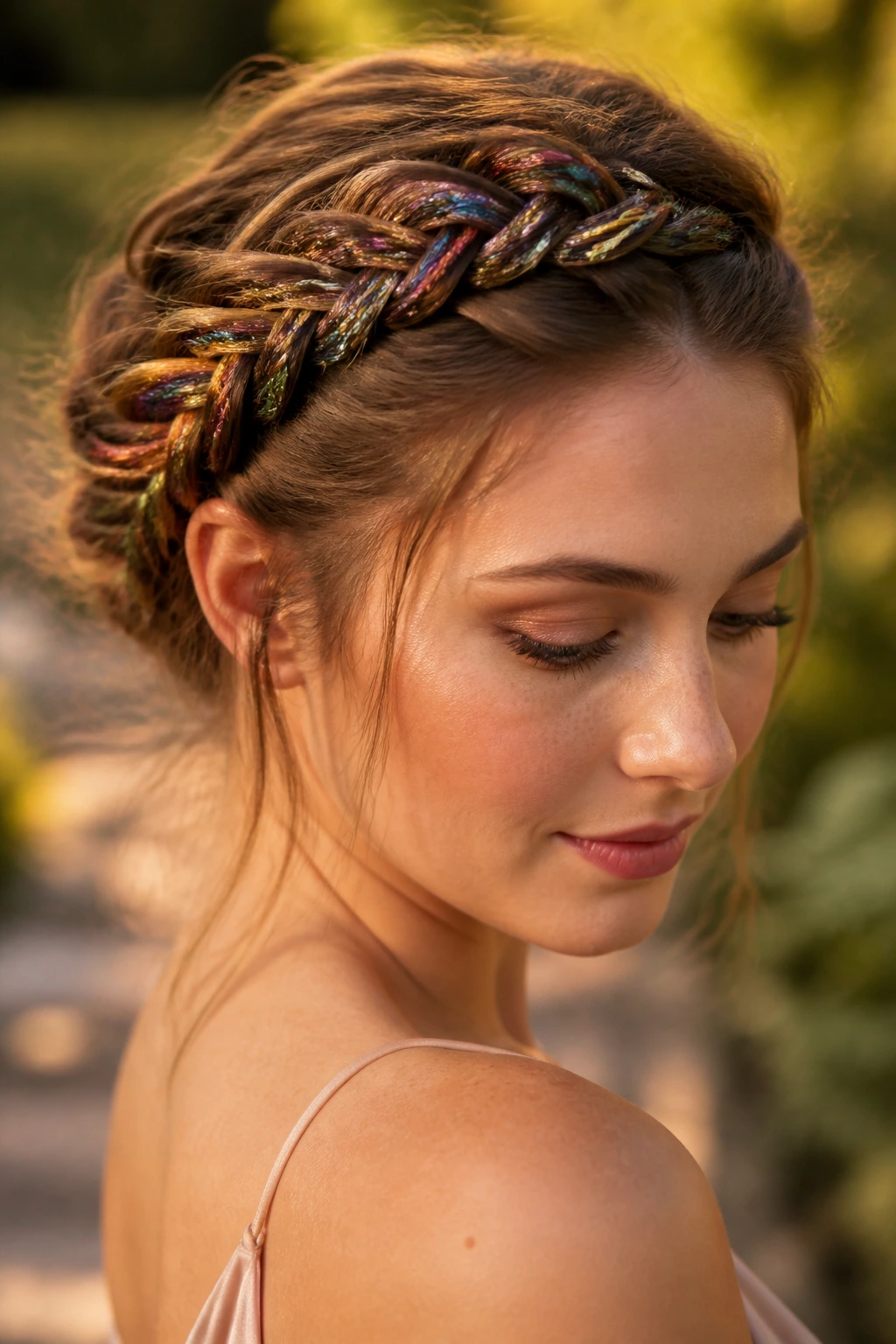 Close-up of a real woman with a French crown braid featuring rainbow glitter threads.