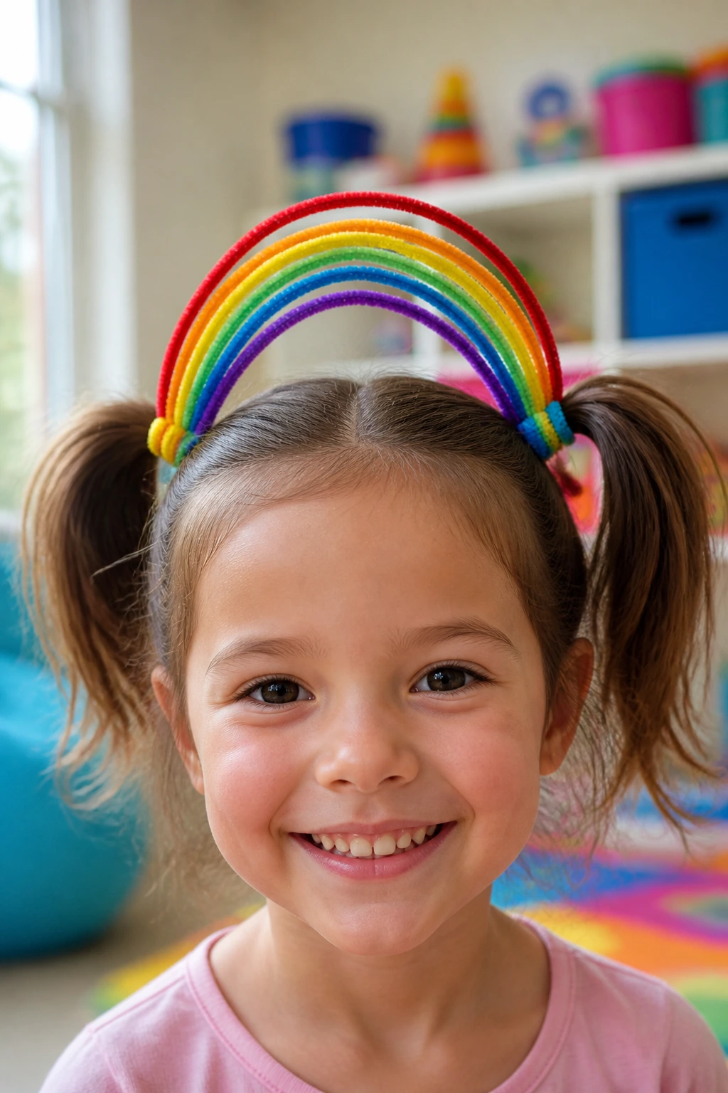 Real child with rainbow pipe cleaner arch over crown