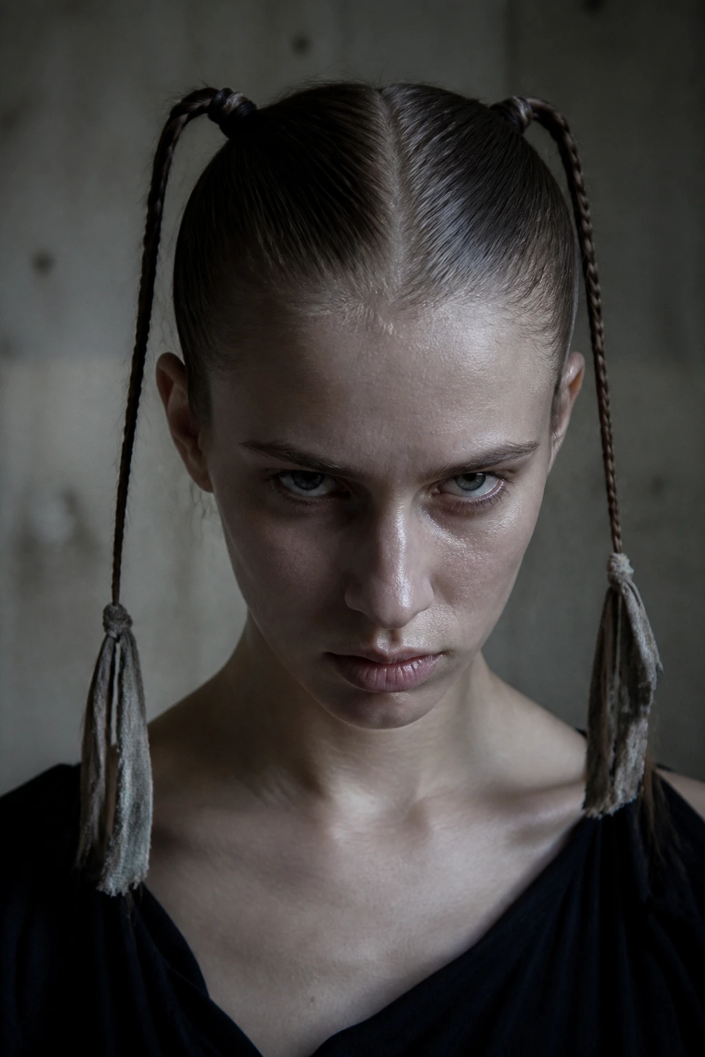 Close-up of a woman with two tight, thin rat-tail braids ending in fabric tips