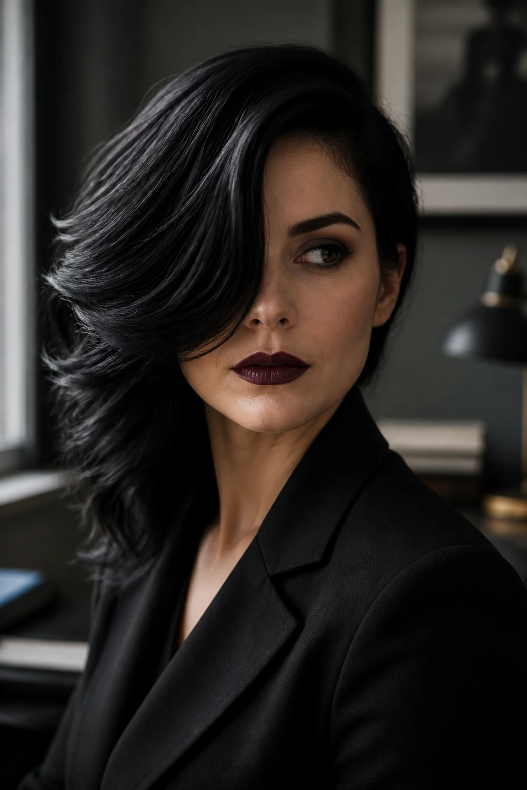 Close-up portrait of a real woman with a raven-wing side sweep covering one eye