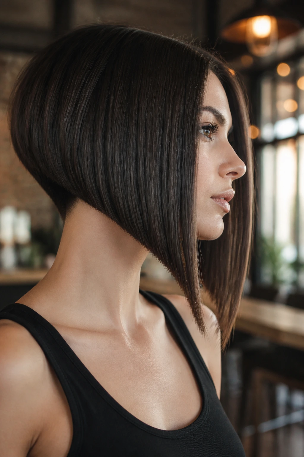 Real person with a razor-sharp A-line haircut in warm lighting