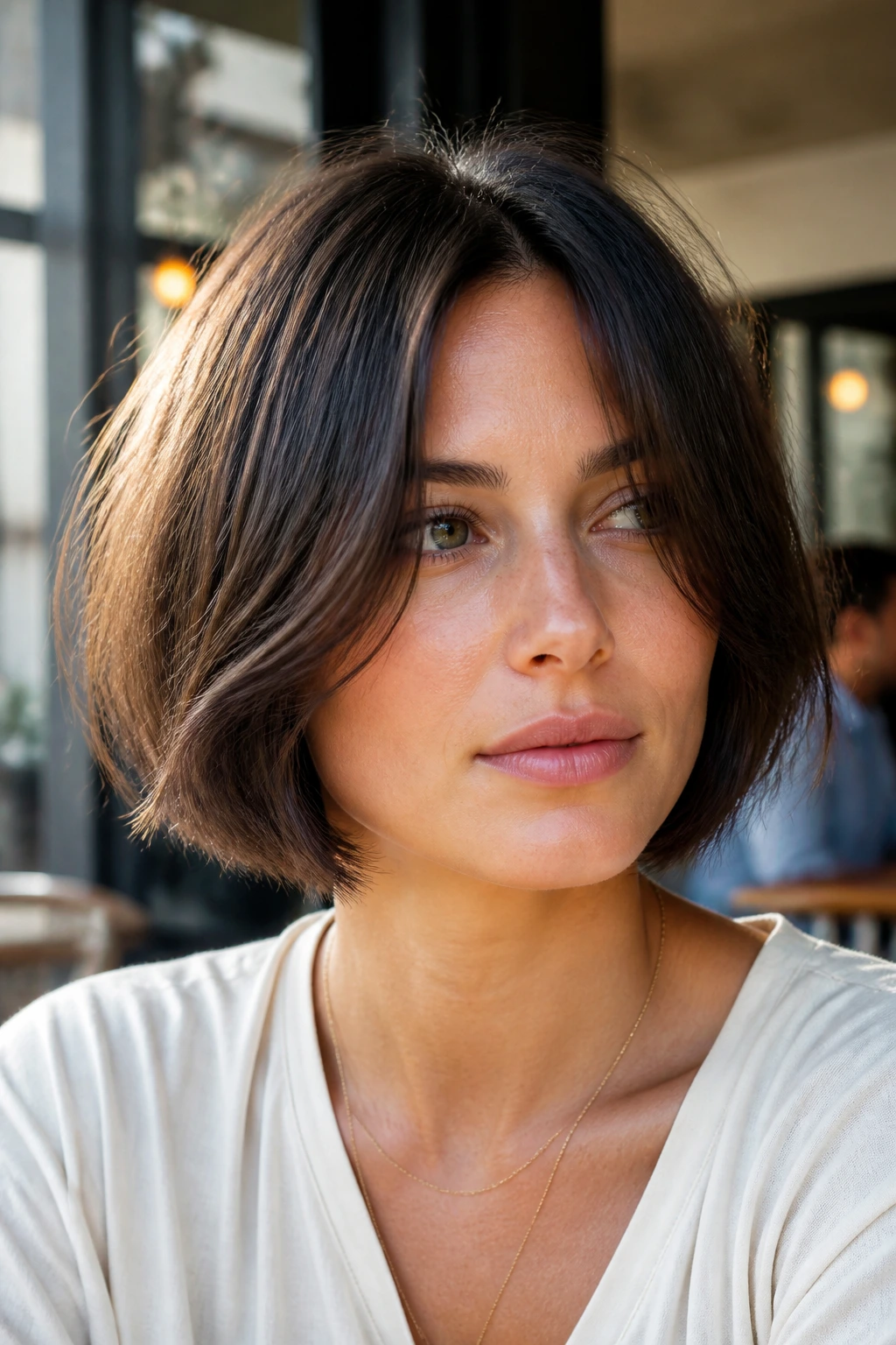 Portrait of a person with center-parted razor bob outdoors