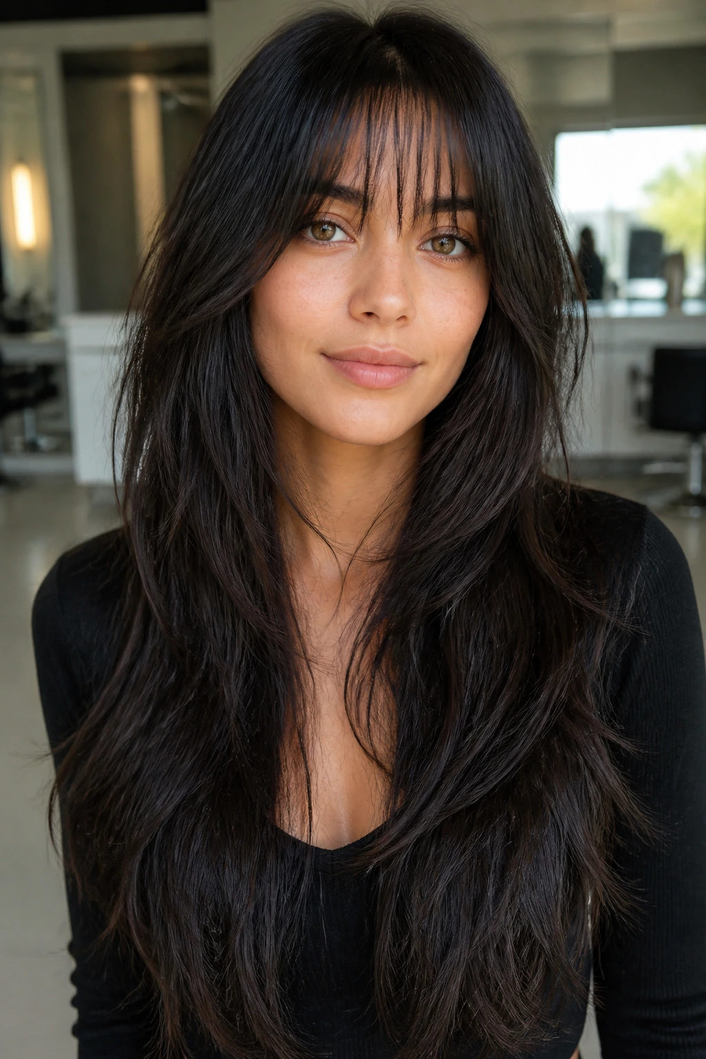Portrait of a person with razor-cut textured bangs and waist-length layers in bright salon light.