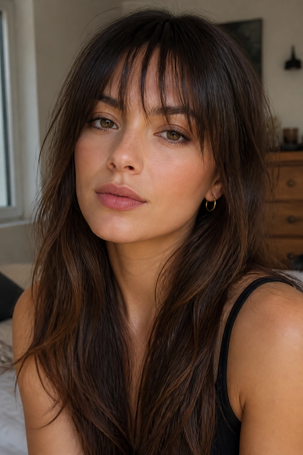 Close-up of a real woman with razor-cut feathered bangs that soften a round face.