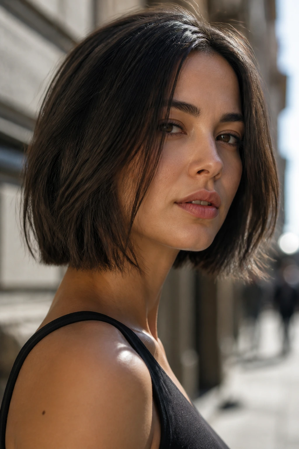 Portrait of a woman with a razor-cut blunt bob on an urban street.