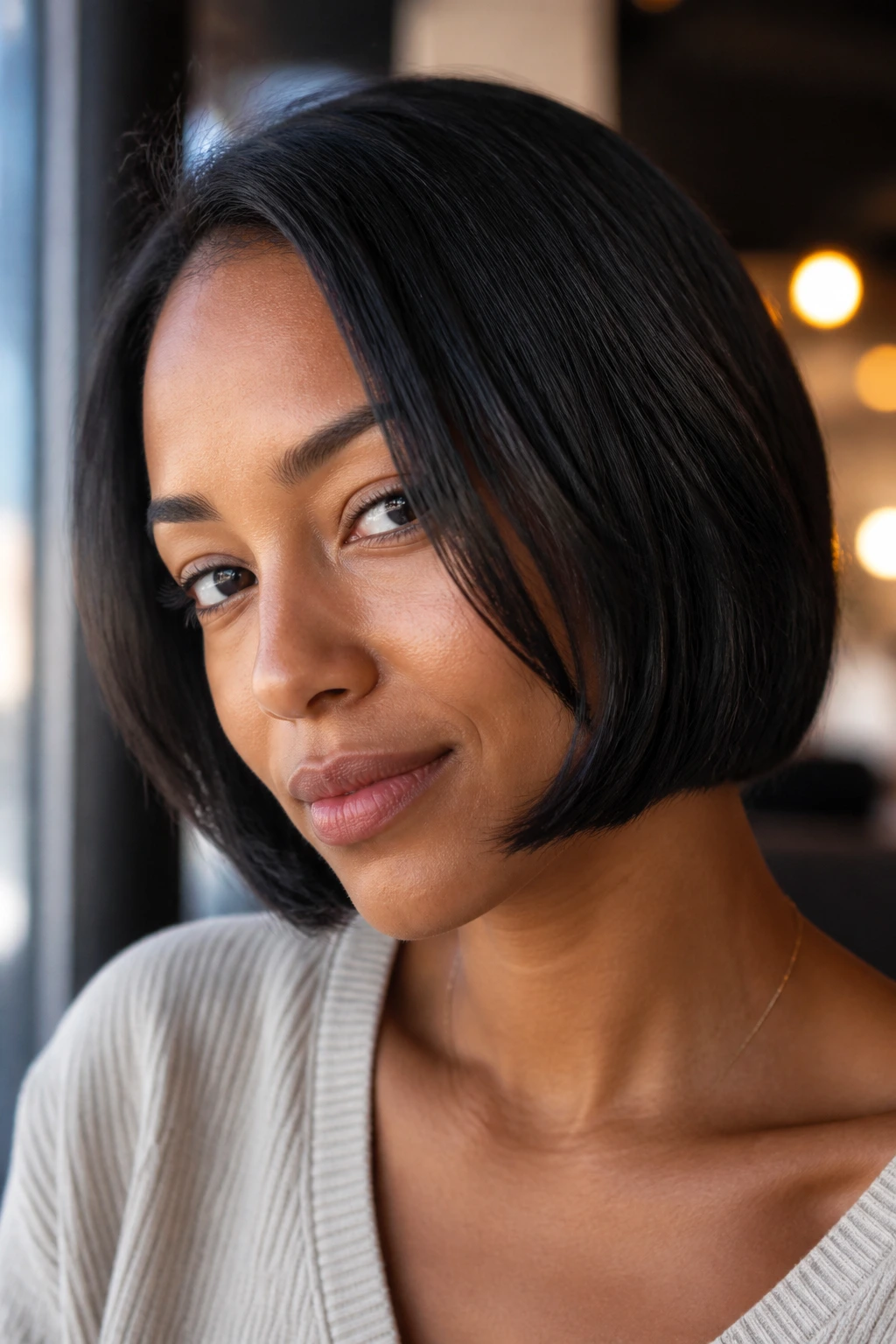 Close-up of a real woman with a razor-cut bob under bright cafe window light