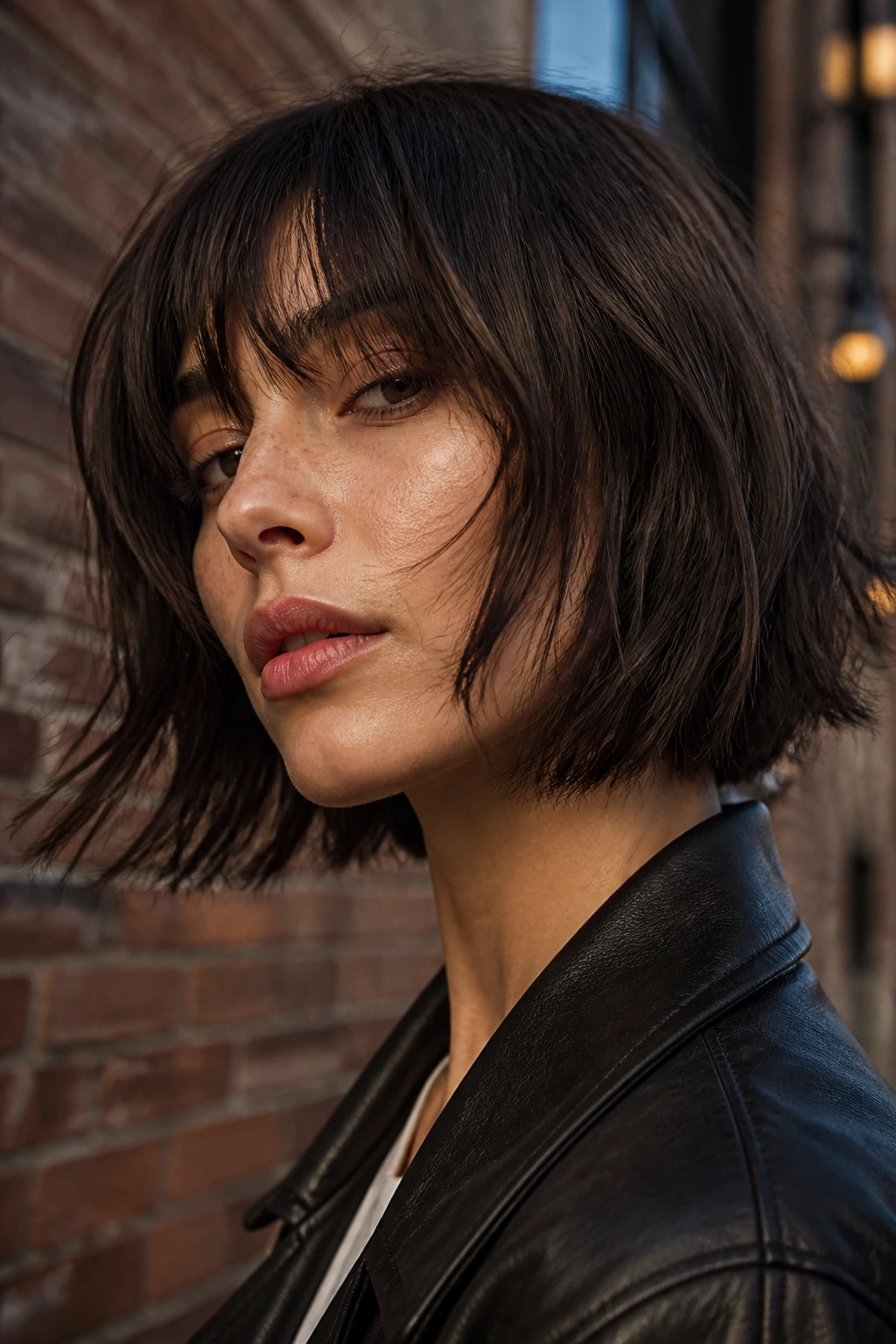 Portrait of a woman with edgy razor-cut bob and cheekbone-grazing bangs