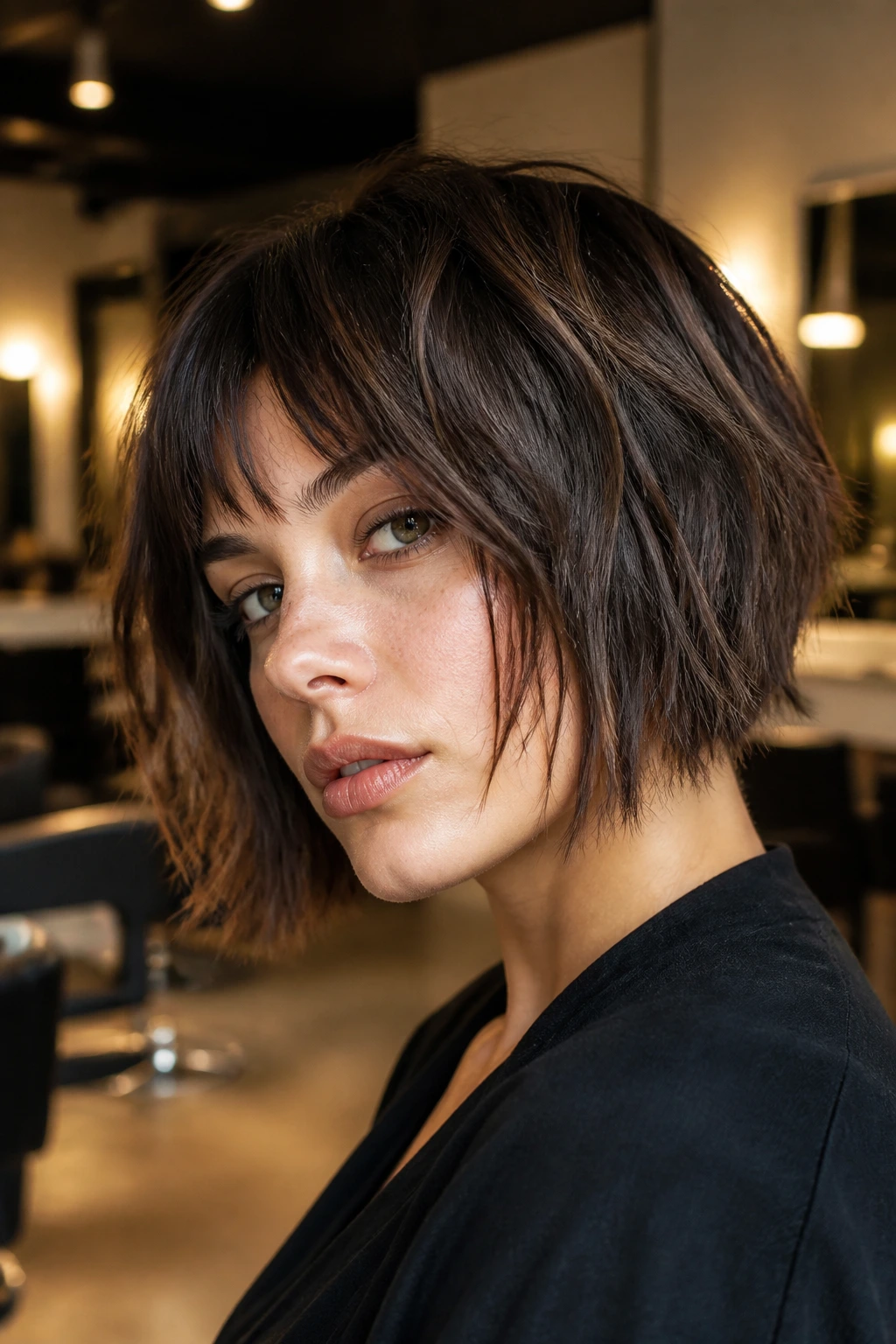 Real woman with edgy razor-cut bob showing serrated ends in salon ambiance