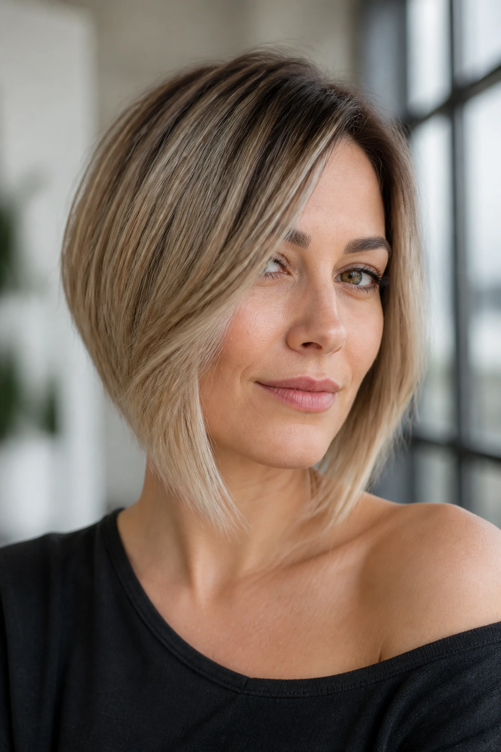 Portrait of woman with asymmetrical razor-cut bob